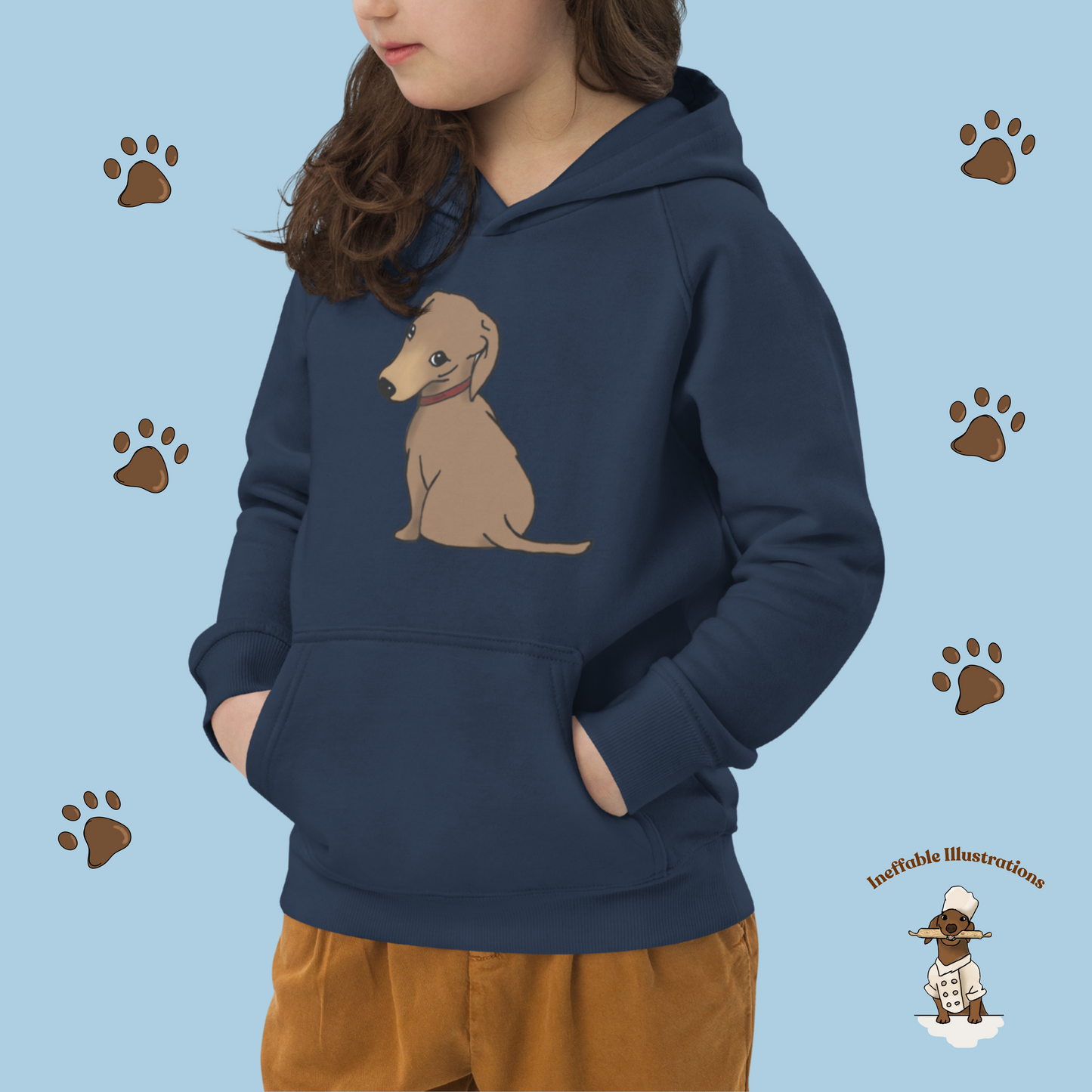 Kids Eco Hoodie with Cute Dachshund Oliver | Sustainable Fashion for Children | Adorable Animal Apparel | Drawn by Hand