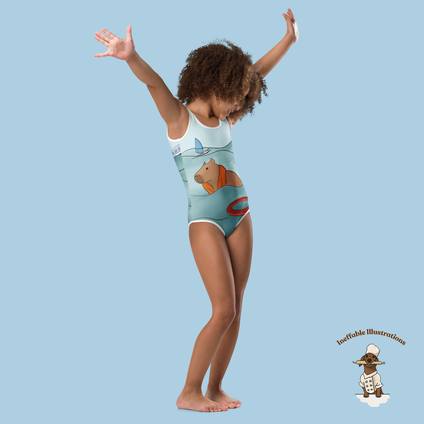 Kids Swimsuit with Cute Hand Drawn Capybara Jolly Enjoying Summer In The Sea Design, Toddler Bathing Suit, Beachwear for Girls