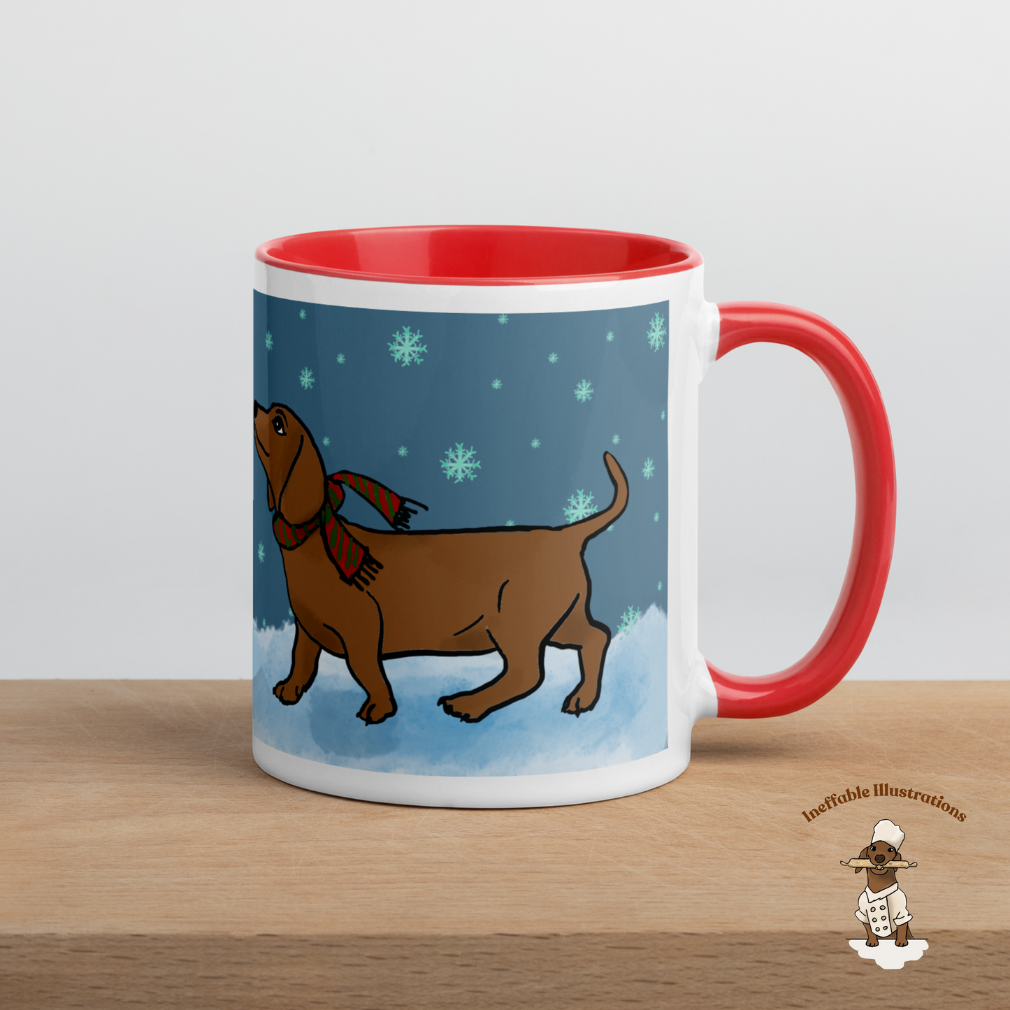 Christmas Mug. Dachshund Mug with Color Inside, dachshund Oliver Enjoying Winter Snow Design, Cute Dog Lover Gift, Cozy Hot Beverage Cup, Drawn by Hand