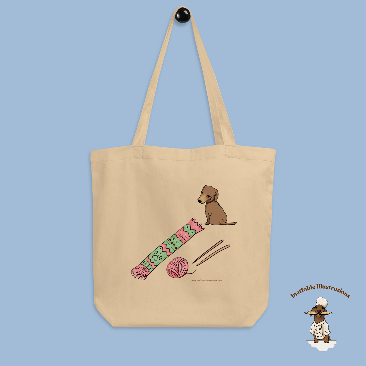 Eco Tote Bag with Cute Dachshund Oliver, Yarn, Knitting Needles and Knitted Scarf, Perfect for Dog Lovers & Crafters, Reusable Shopping Tote