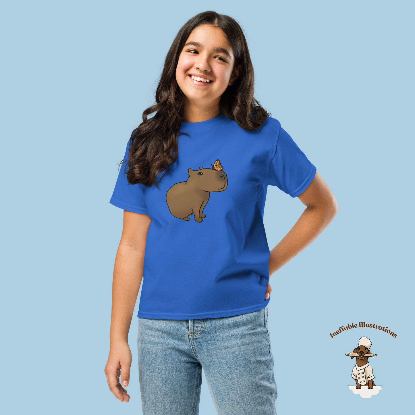 Youth Classic Tee with Hand Drawn Cute Capybara Jolly with Butterfly Shirt Kids Animal Graphic Top - Ineffable Illustrations