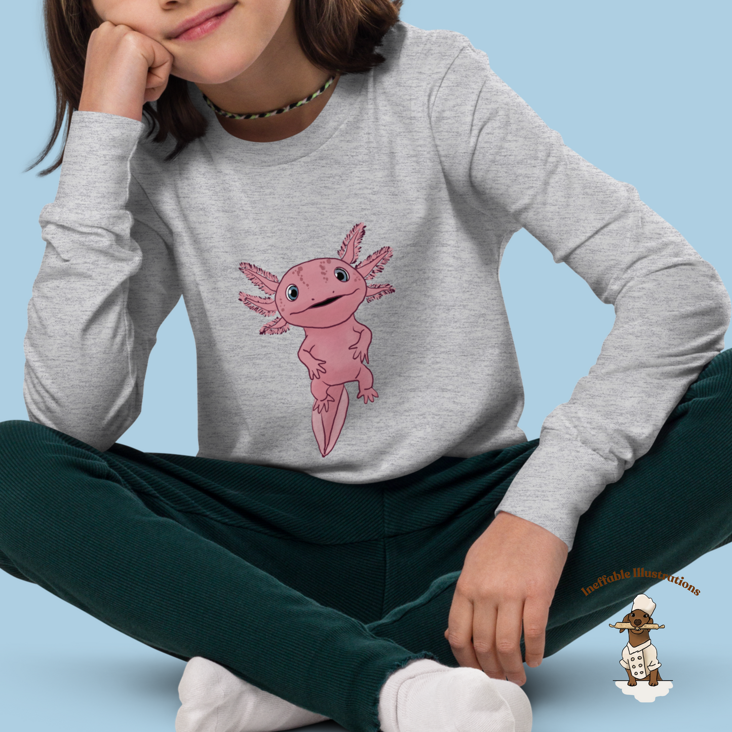 Axolotl Youth Long Sleeve Tee, Cute Axolotl Shirt for Kids, Adorable Hand Drawn Illustration Tee, Fun Gift for Boys & Girls