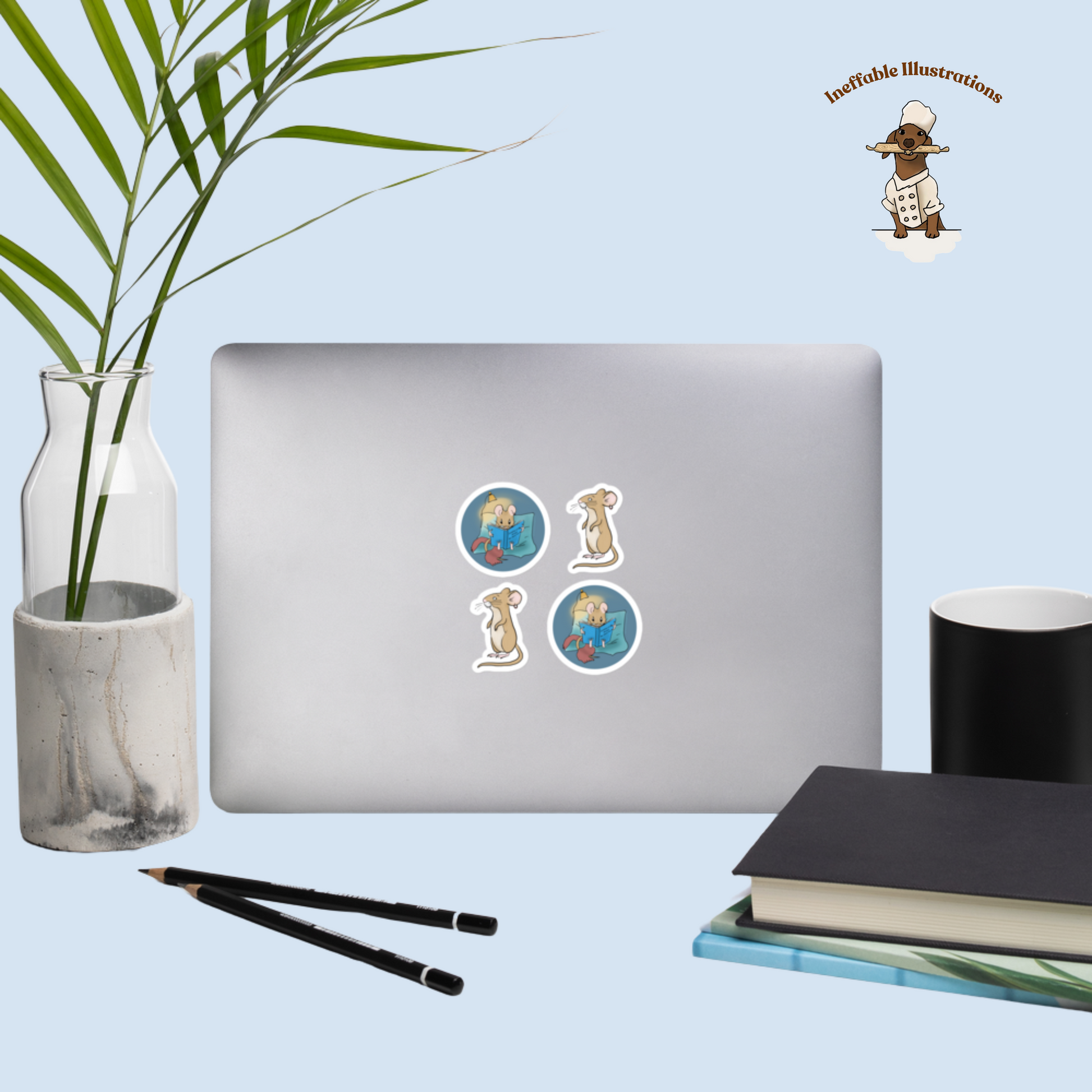 Bubble-Free Mouse Pedro Stickers Set – Cute Standing & Reading Book Designs, Decorative Decals for Laptop, Planner and Journals - Ineffable Illustrations