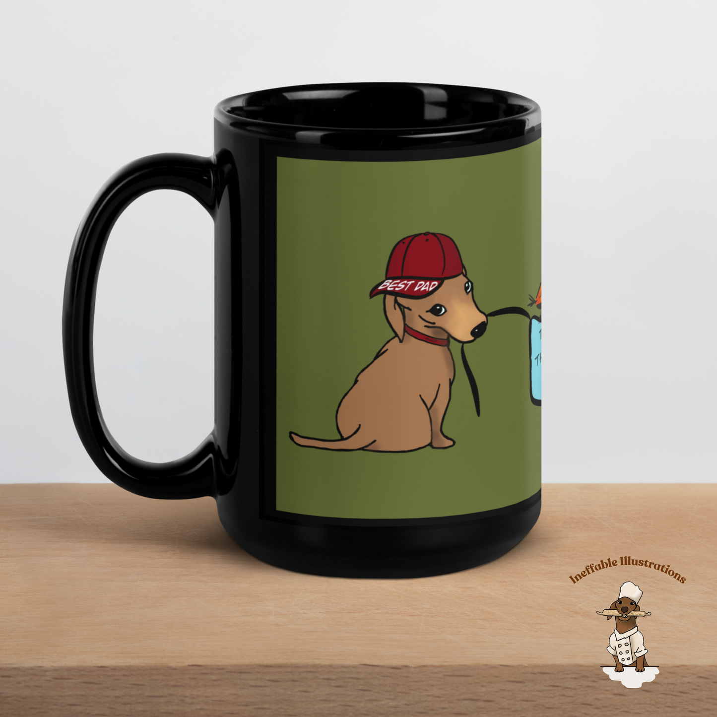 Black Glossy Dad Mug with Cute Hand Drawn Dachshunds Holding Sign - Best Dad Ever Coffee Cup Gift for Fathers Day - Ineffable Illustrations