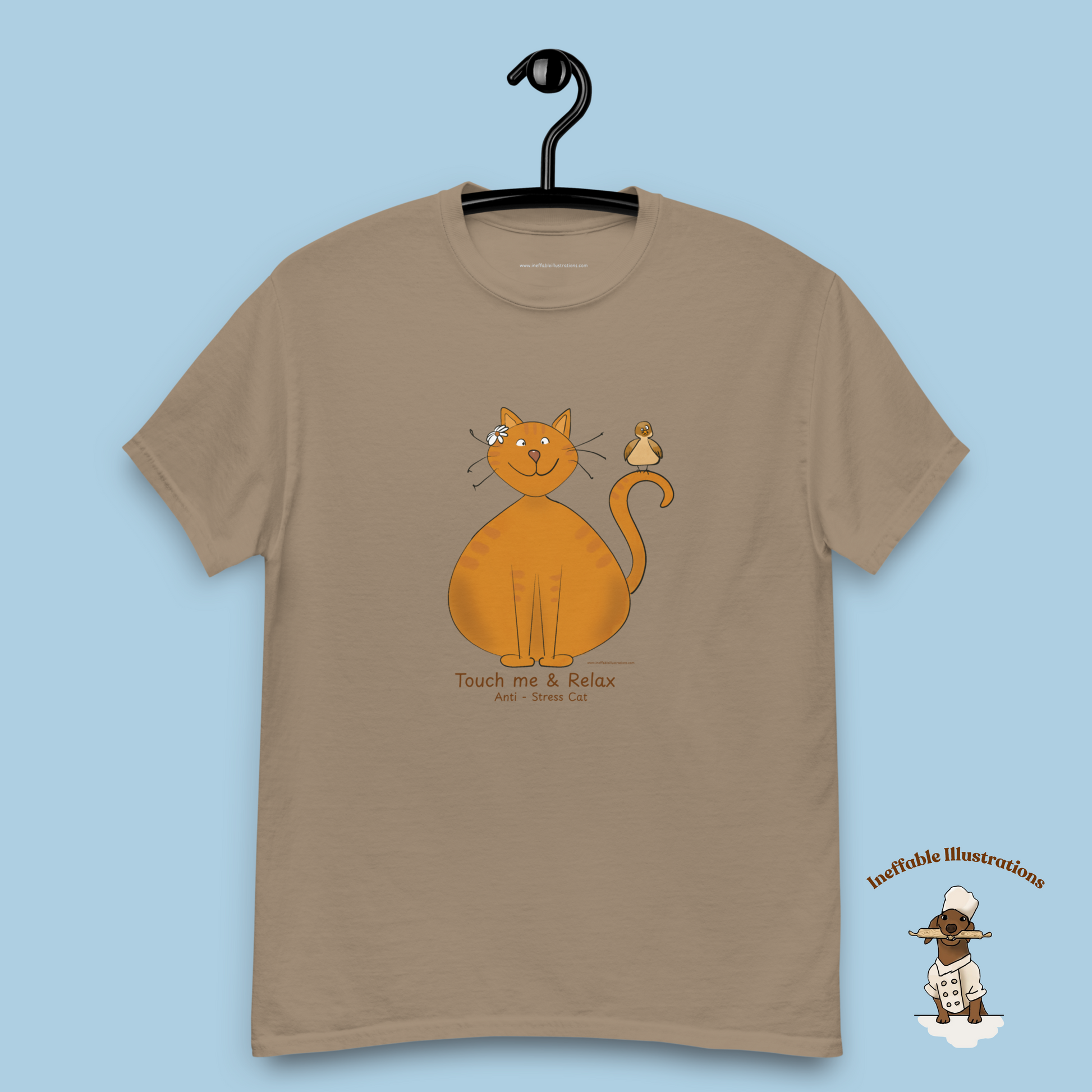 Funny Ginger Cat T-Shirt – Hand-Drawn Anti-Stress Cat with Relaxed Bird & “Touch Me & Relax” | Unisex 100% Cotton Classic Tee, Trendy Streetwear - Ineffable Illustrations