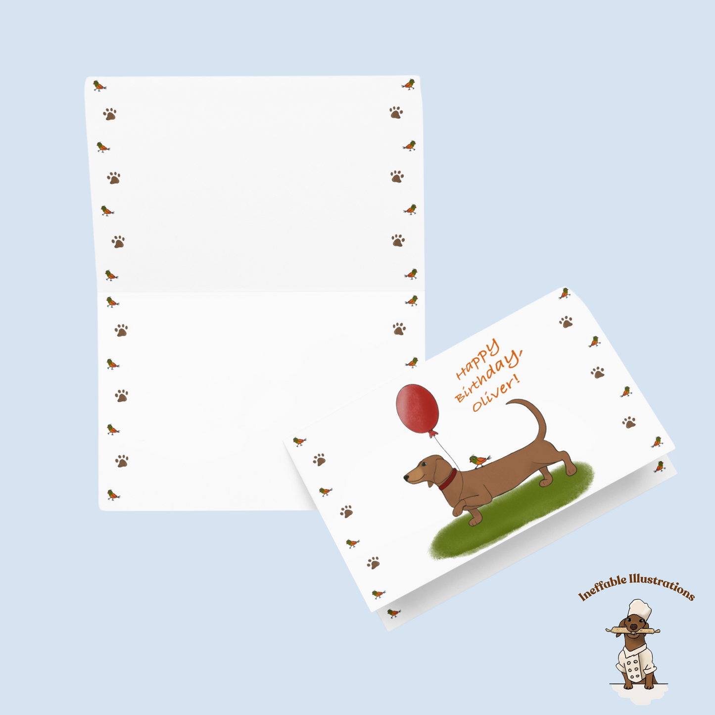 Personalized Birthday Card Dachshund Oliver with Balloon & Cute Bird, Custom Dog Greeting Card for Kids and Adults - Ineffable Illustrations