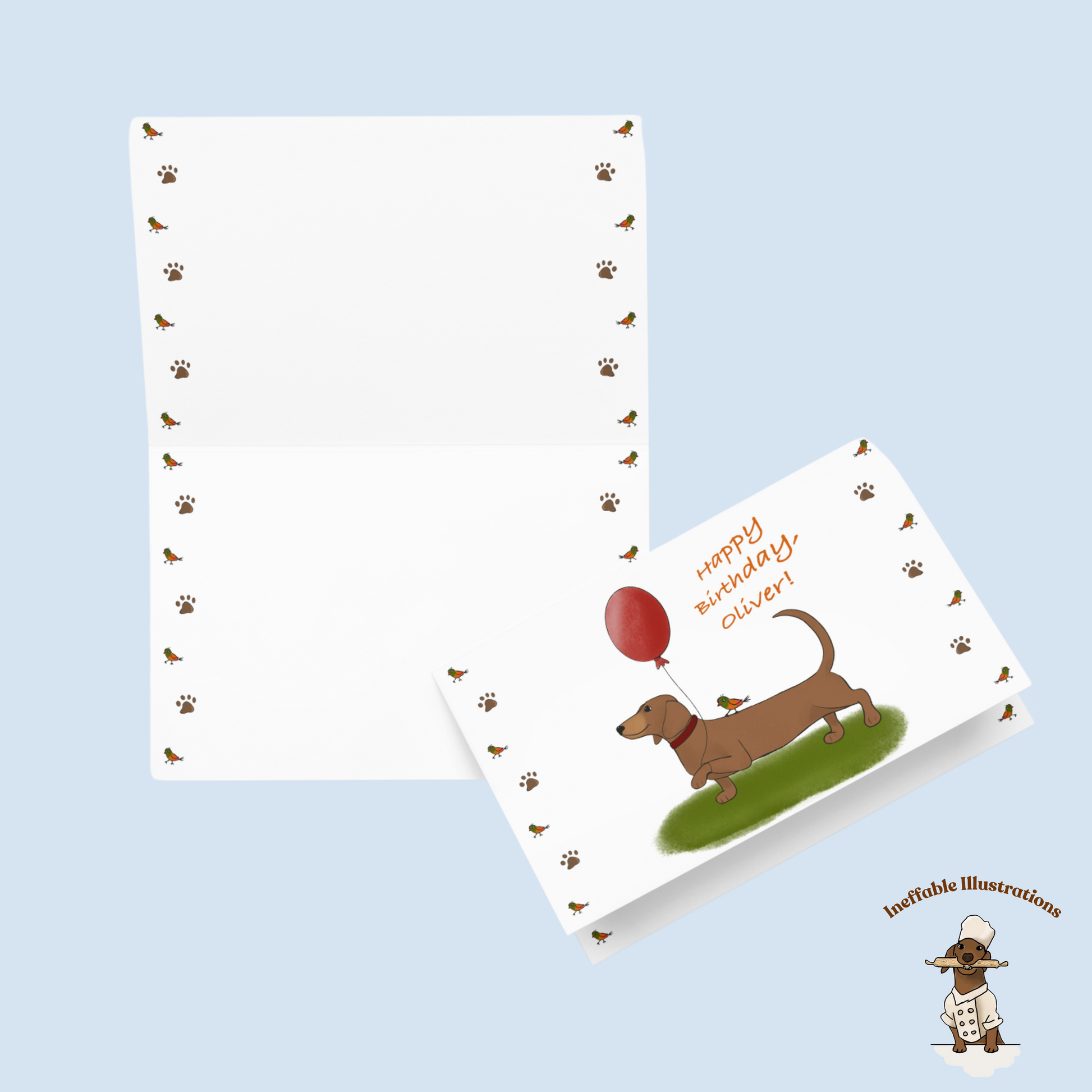 Personalized Birthday Card Dachshund Oliver with Balloon & Cute Bird, Custom Dog Greeting Card for Kids and Adults - Ineffable Illustrations