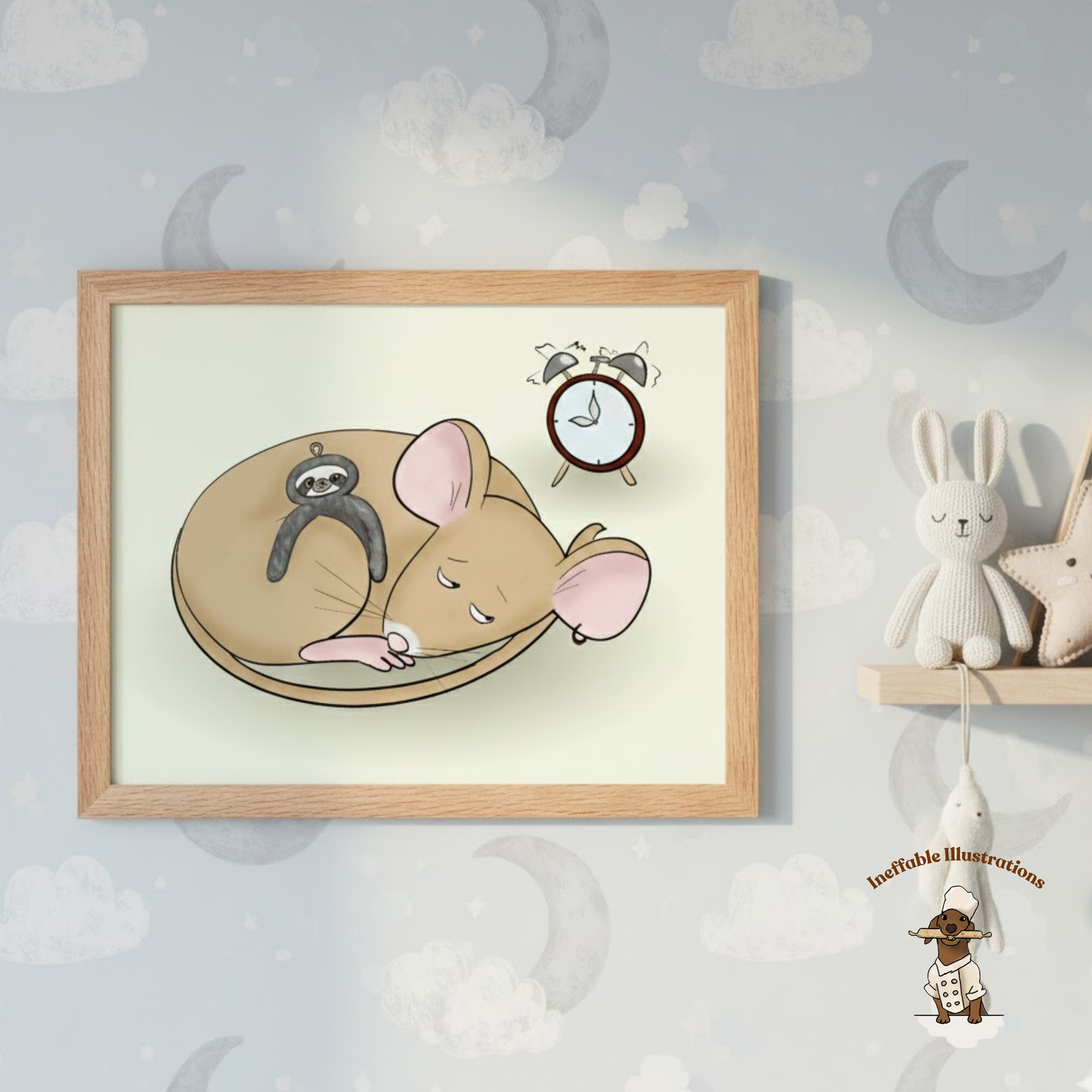 Sleepy Pedro Mouse with Sloth Toy - Nursery & Kids Room Framed Poster (Green)