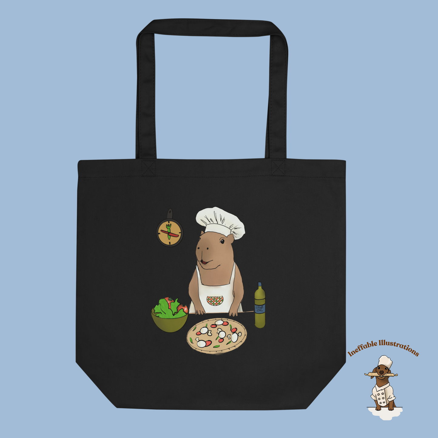 Eco Tote Bag with Cute Hand Drawn Capybara Jolly Chef Making Pizza & Salad, Reusable Shopping Bag, Eco-Friendly Gift Idea