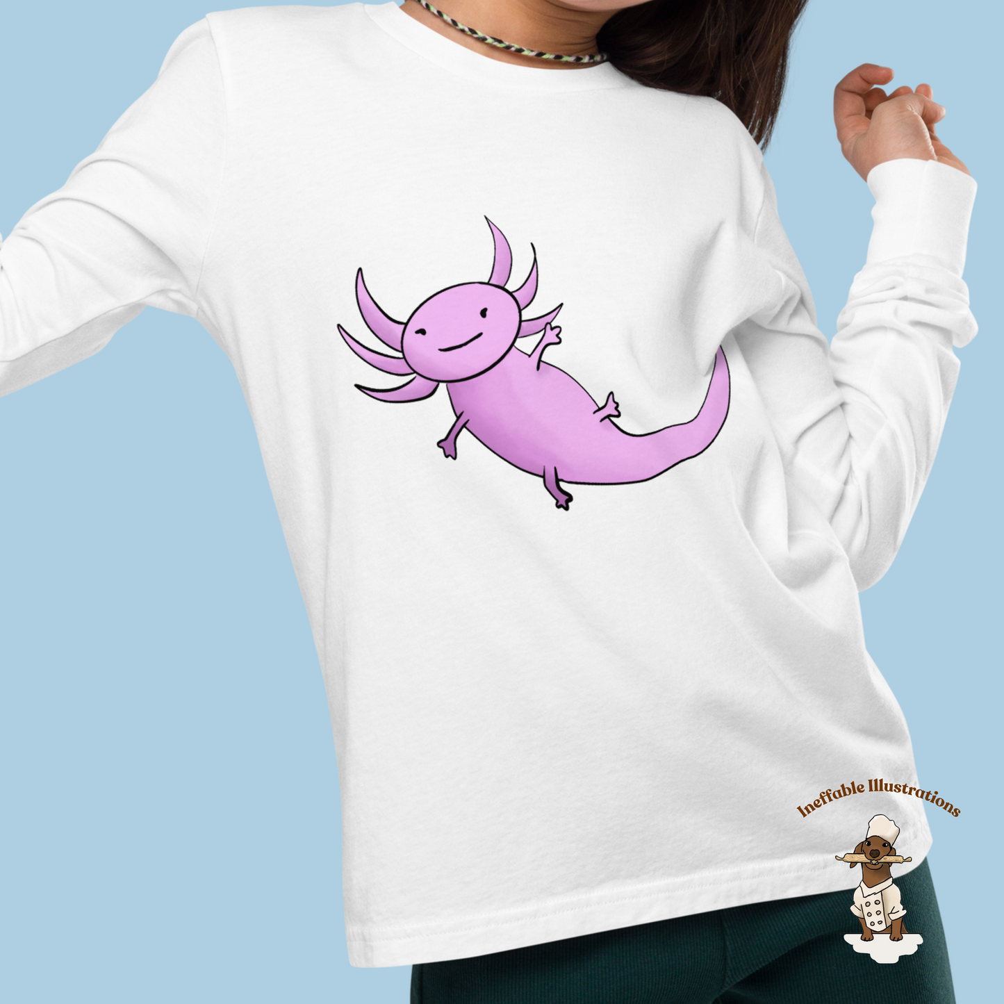 Axolotl Long Sleeve Tee | Hand Drawn Illustration | Cute Youth T-Shirt | Perfect Gift for Kids & Teens