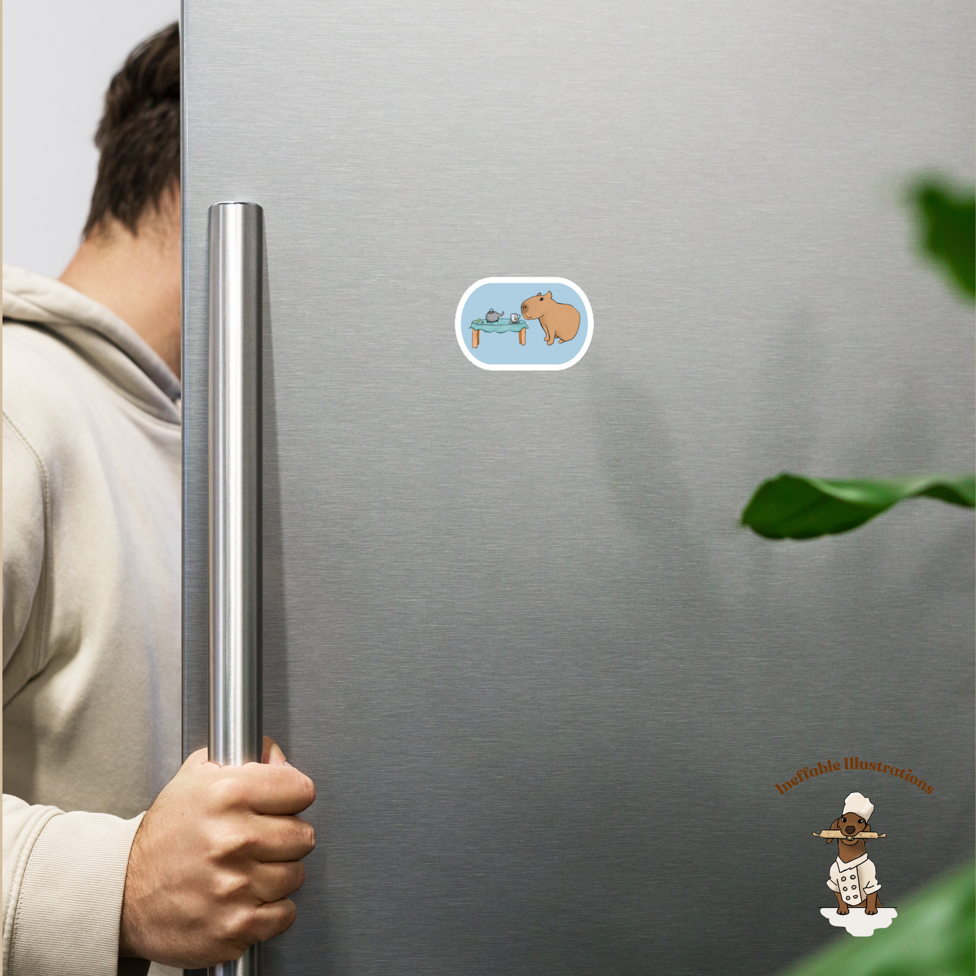 Magnet: Cute Capybara Jolly Drinking Tea with Caterpillar – Whimsical Animal Fridge Decoration Gift - Ineffable Illustrations
