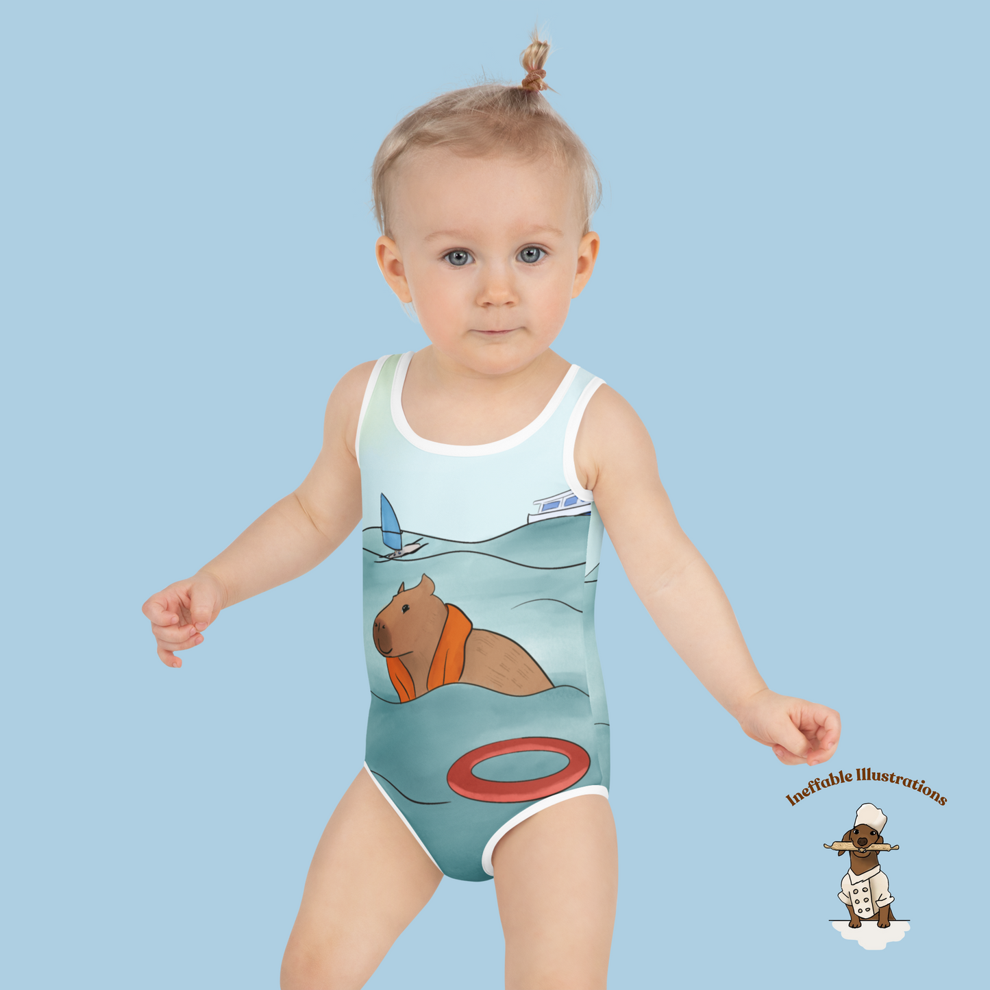 Kids Swimsuit with Cute Hand Drawn Capybara Jolly Enjoying Summer In The Sea Design, Toddler Bathing Suit, Beachwear for Girls