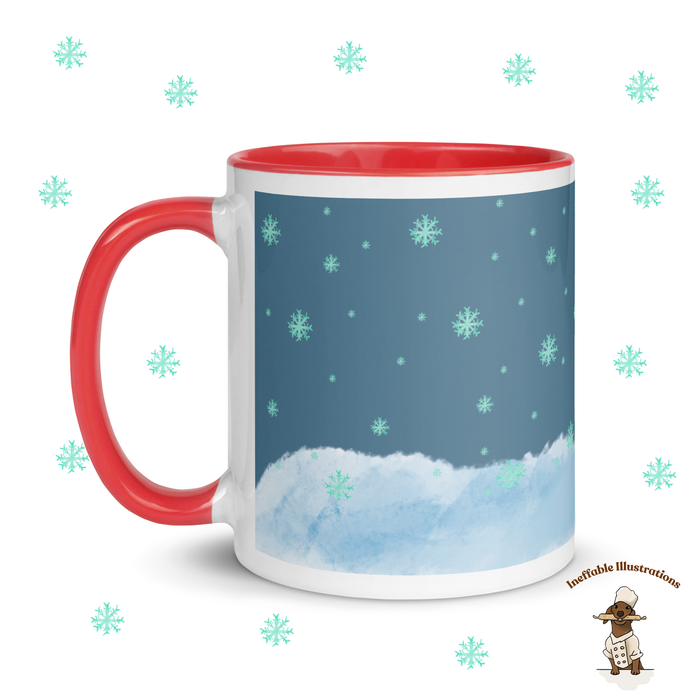 Christmas Mug. Dachshund Mug with Color Inside, dachshund Oliver Enjoying Winter Snow Design, Cute Dog Lover Gift, Cozy Hot Beverage Cup, Drawn by Hand