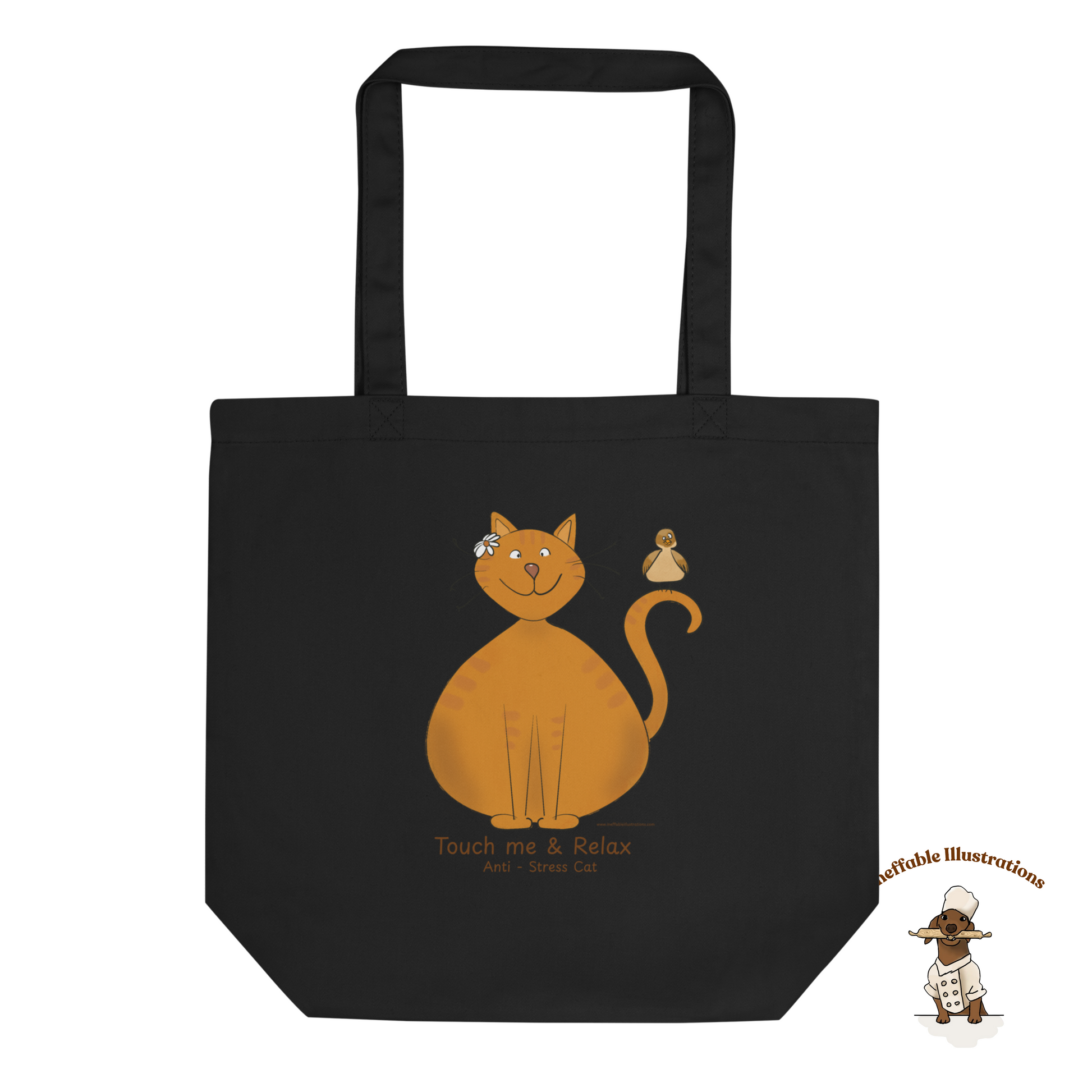 Funny Ginger Cat Tote Bag – Hand-Drawn Anti-Stress Cat with Relaxed Bird on Tail Design | Eco-Friendly Cotton Canvas Reusable Shopping Bag - Ineffable Illustrations