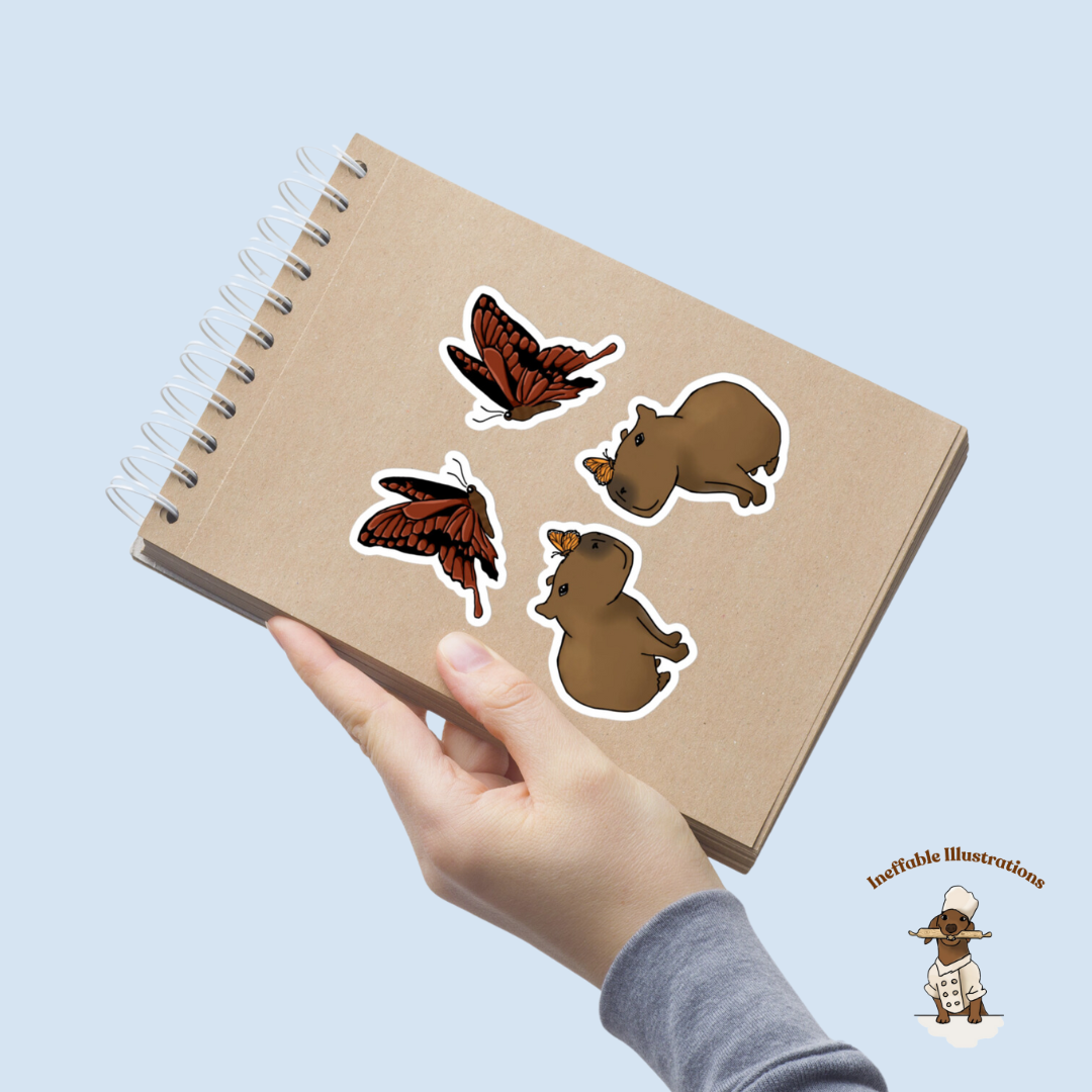 Sticker set "Jolly and her butterflies". Cute Capybara with Butterfly 4 Vinyl Sticker Pack | Easy Application & Long-Lasting