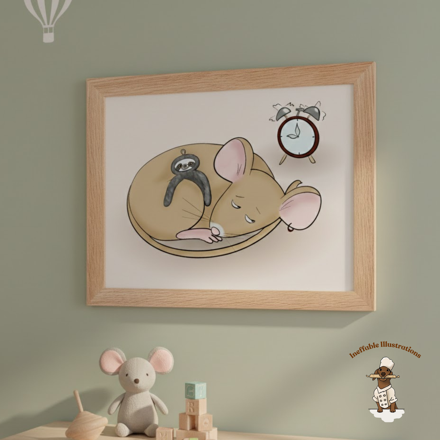 Sleepy Pedro Mouse with Sloth Toy - Nursery & Kids Room Framed Poster