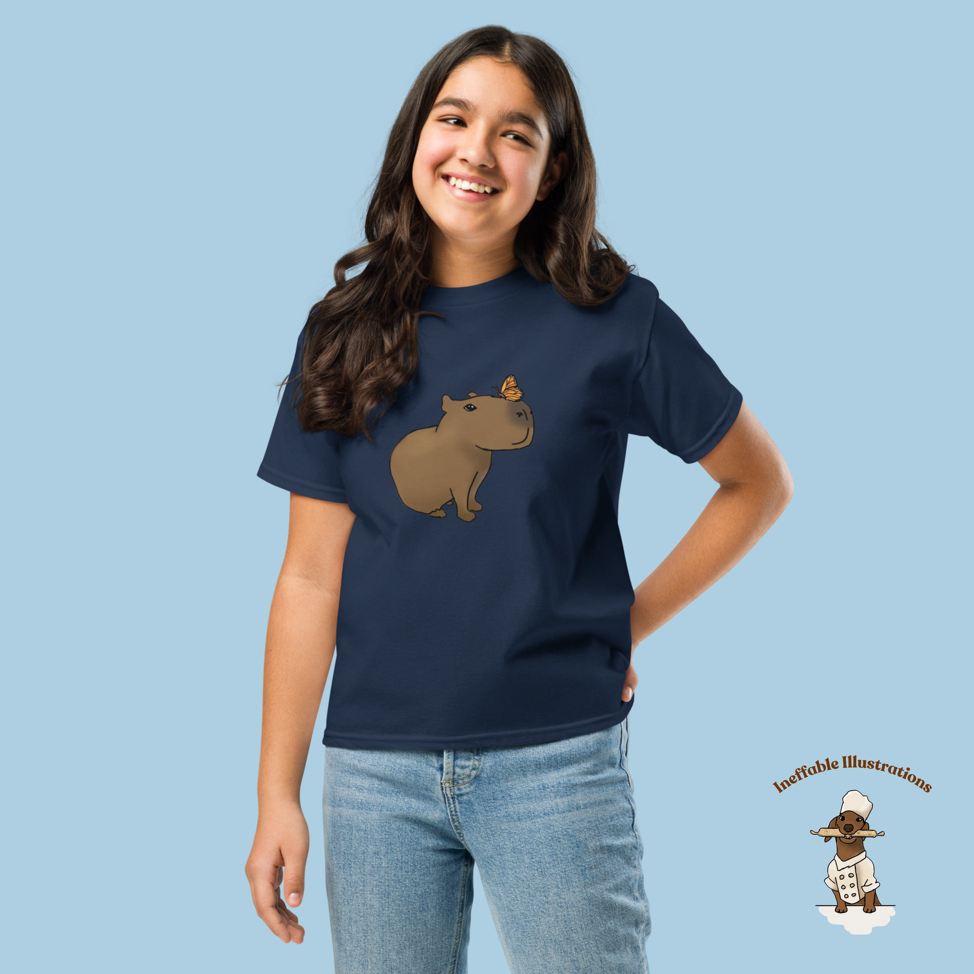 Youth Classic Tee with Hand Drawn Cute Capybara Jolly with Butterfly Shirt Kids Animal Graphic Top - Ineffable Illustrations