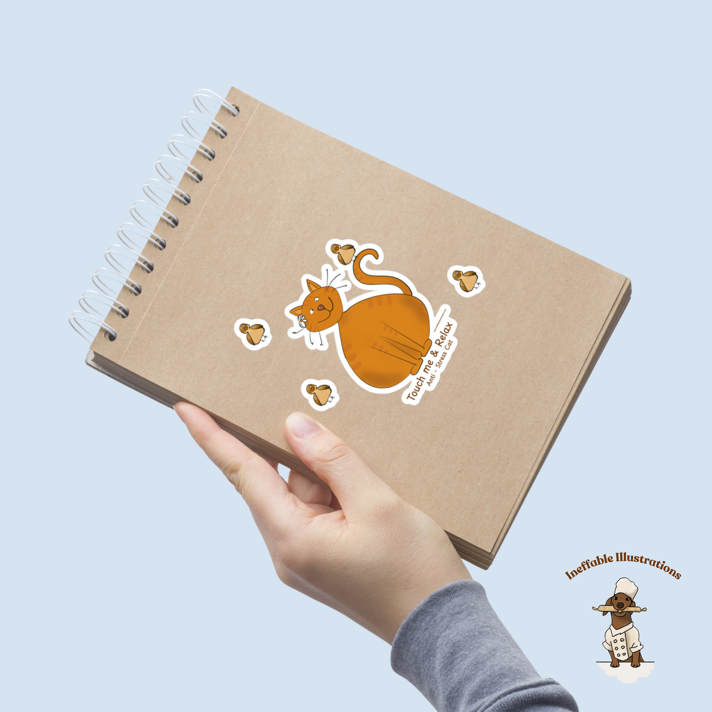 Anti-Stress Cat & Bird Sticker Set – Hand-Drawn Funny Ginger Cat with Relaxed Bird + 3 Bird Stickers | Durable Vinyl, Bubble-Free Application - Ineffable Illustrations