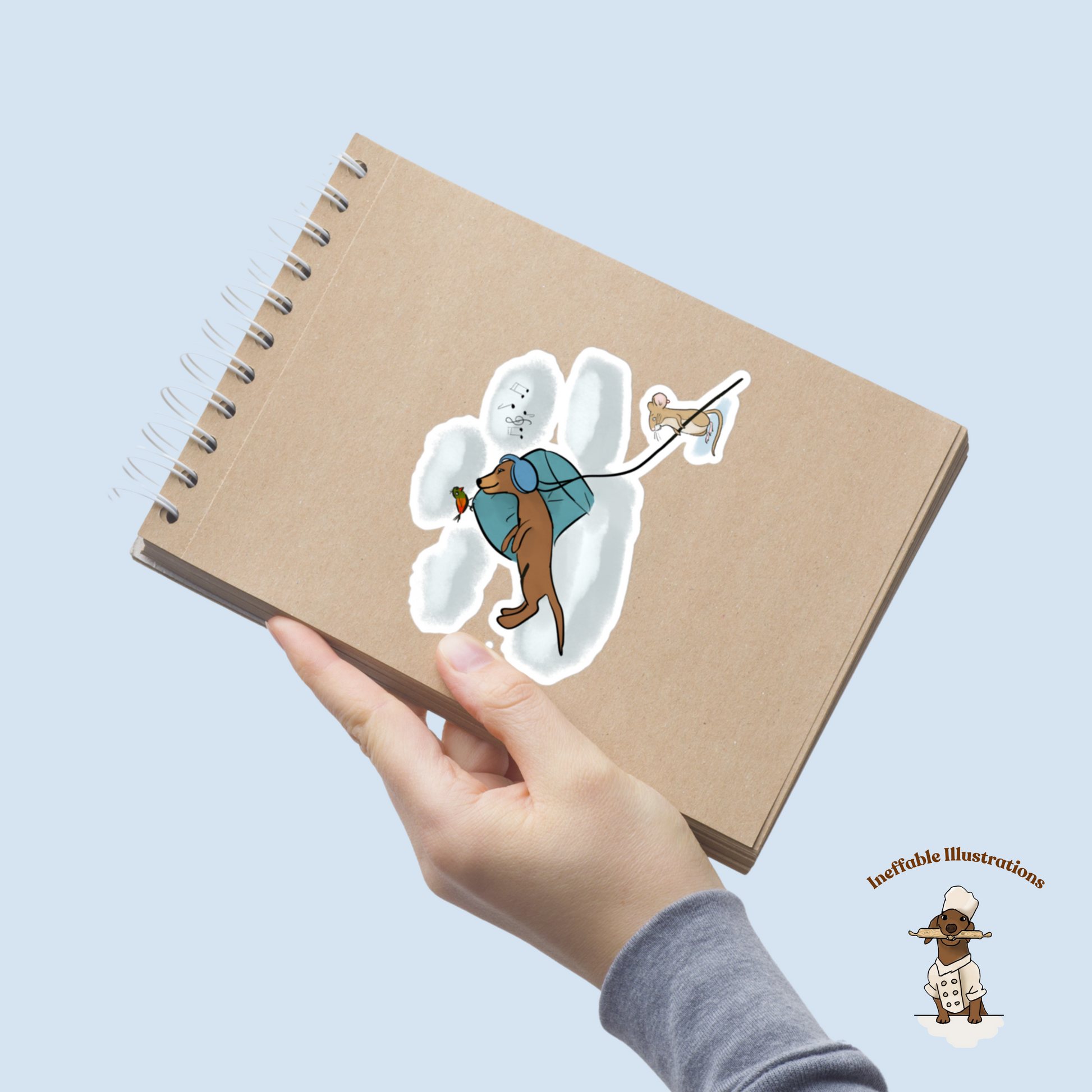 Dachshund Oliver & Mouse Pedro Bubble-Free Stickers, Cute Music and Clouds Design, Durable Vinyl Decals for Laptops and Water Bottles - Ineffable Illustrations