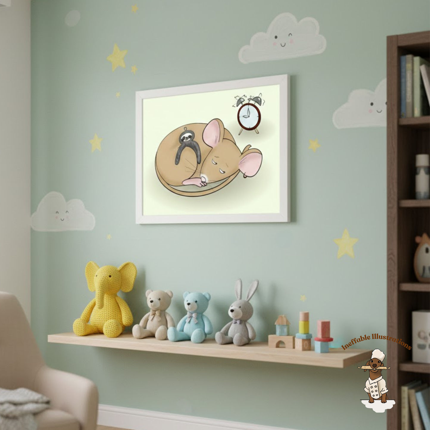 Sleepy Pedro Mouse with Sloth Toy - Nursery & Kids Room Framed Poster (Green)