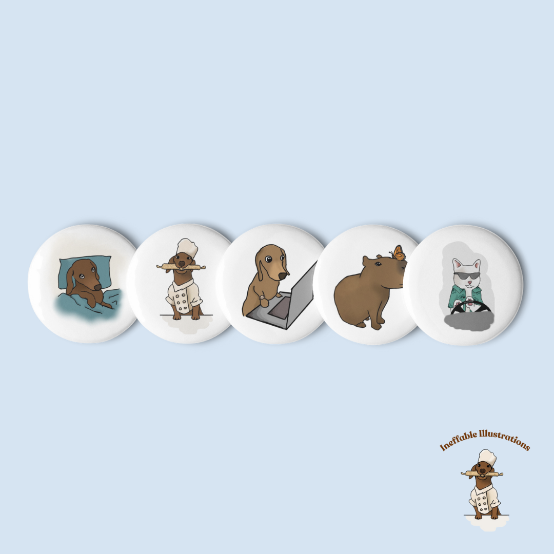 Set of Pin Buttons "Oliver and his friends", Hand Drawn Illustrations of Dachshund Oliver, Capybara Jolly & Cat Ralph, Cute Animal Friends Gifts