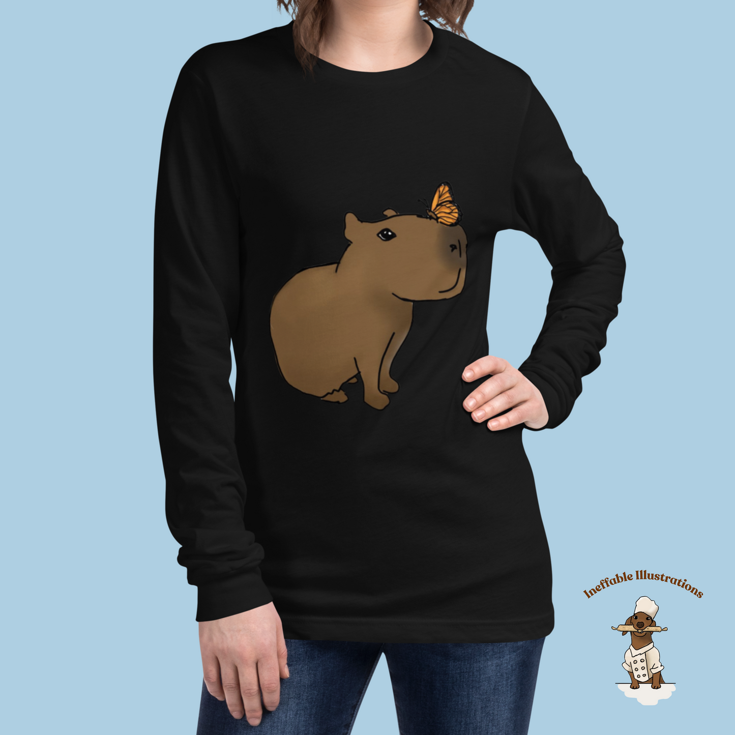 Shirt. Unisex Long Sleeve Shirt with cute Capybara Jolly with butterfly illustration, drawn by hand. Capybara shirt