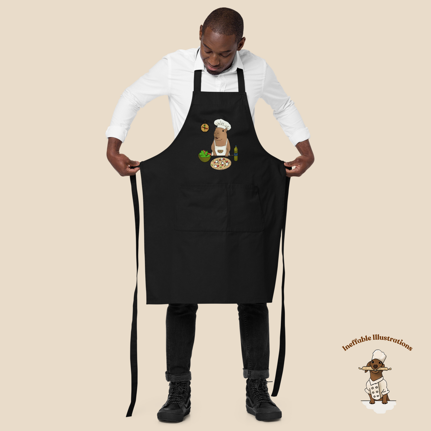 Organic Cotton Apron with Capybara Jolly | Cute Kitchen Apron for Healthy Cooking, Pizza & Salad Making, Gift for Chefs