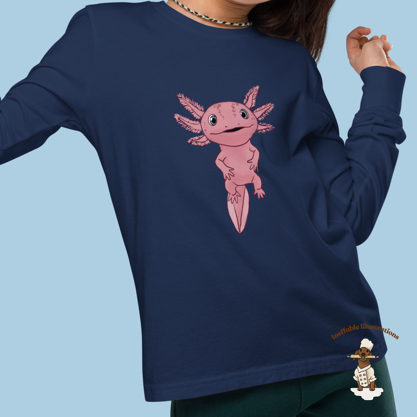 Axolotl Youth Long Sleeve Tee, Cute Axolotl Shirt for Kids, Adorable Hand Drawn Illustration Tee, Fun Gift for Boys & Girls