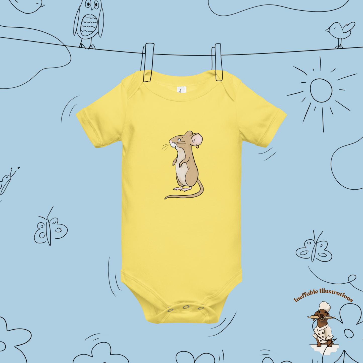 Baby Short Sleeve One Piece with Cute Mouse Pedro | Adorable Infant Bodysuit | Baby Shower Gift & Newborn Outfit