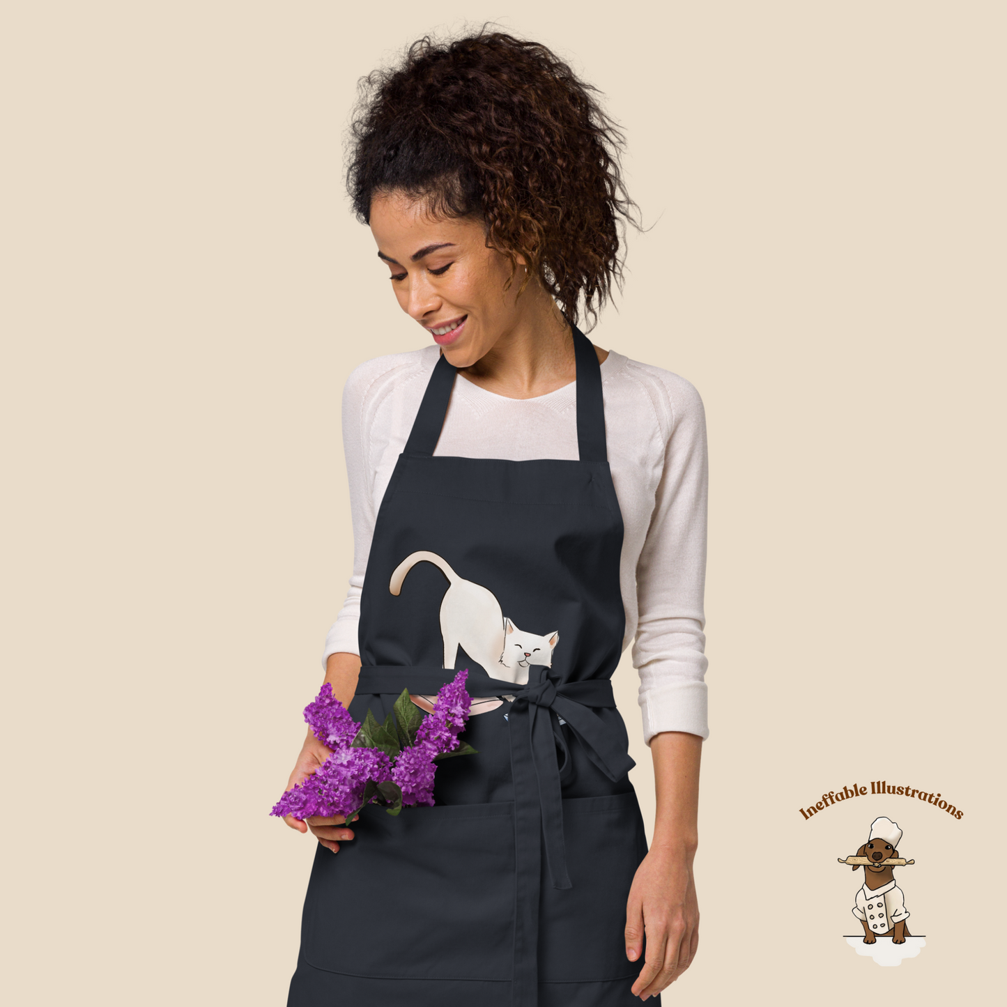 Organic Cotton Apron with Cute Cat Ralph Illustration | Kitchen Apron | Eco-Friendly Gift for Cat Lovers