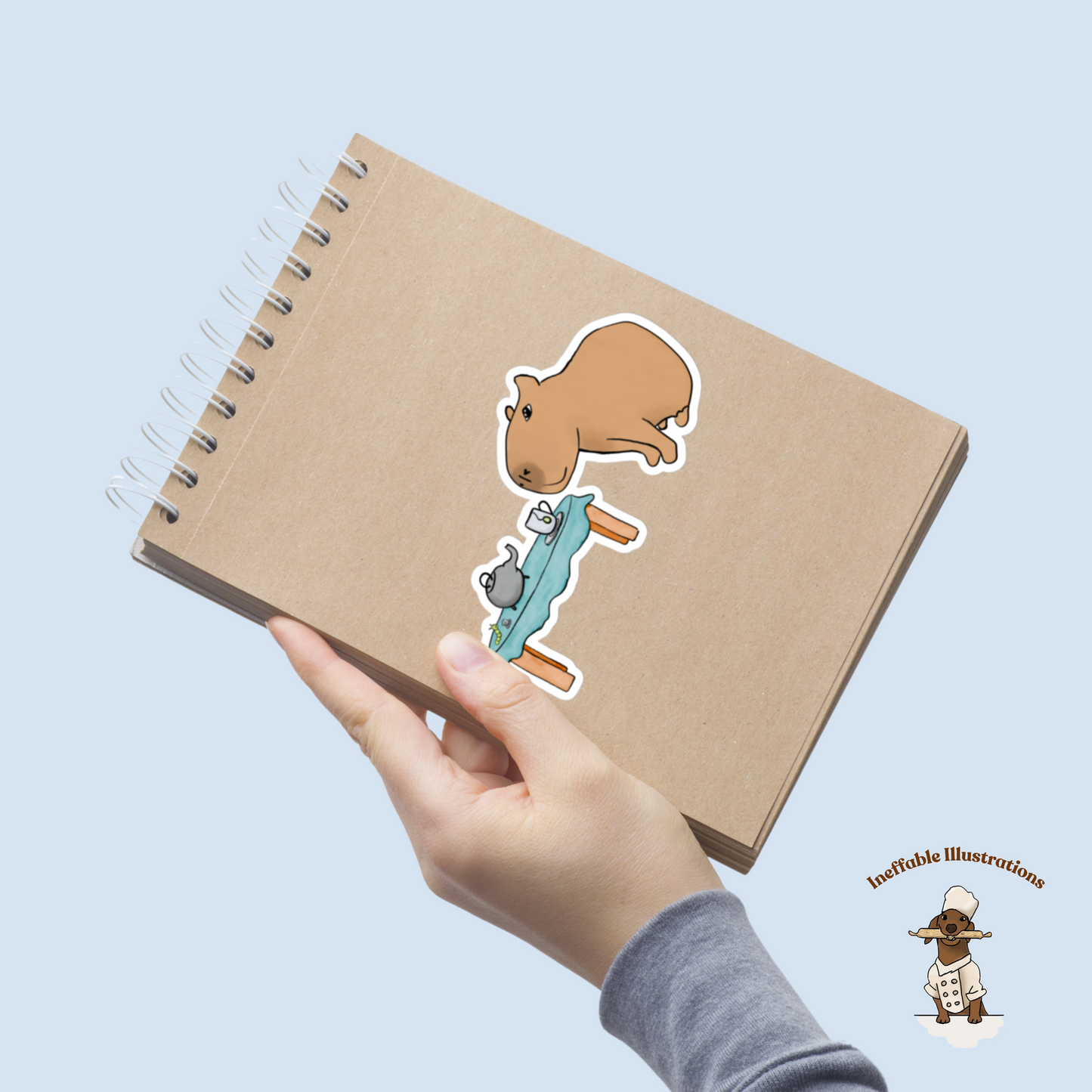 Bubble Free Sticker: Capybara  Drinking Tea with Caterpillar, Cute Animal Decals for Laptops & Journals