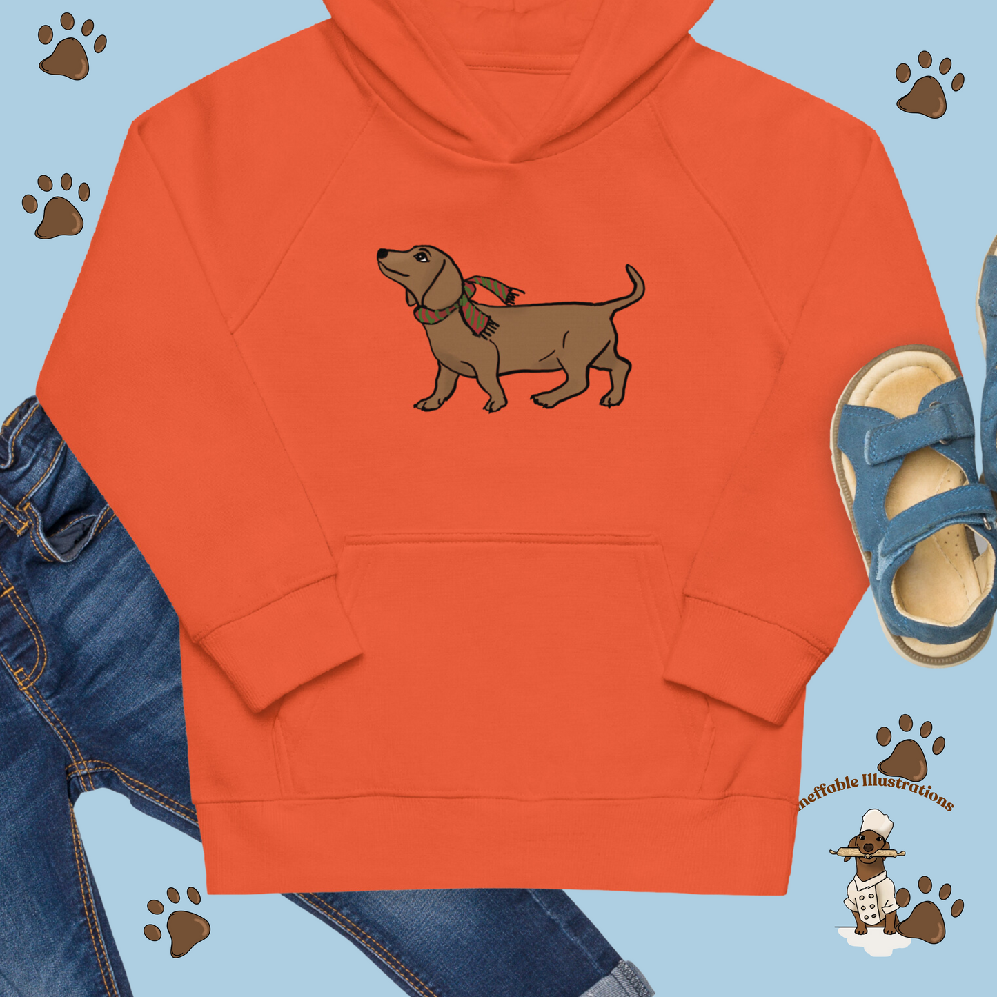 Kids Eco Hoodie with Cute Dachshund Oliver with Scar - Sustainable Children's Apparel, Perfect Gift for Dog Lovers, Hand drawn illustration