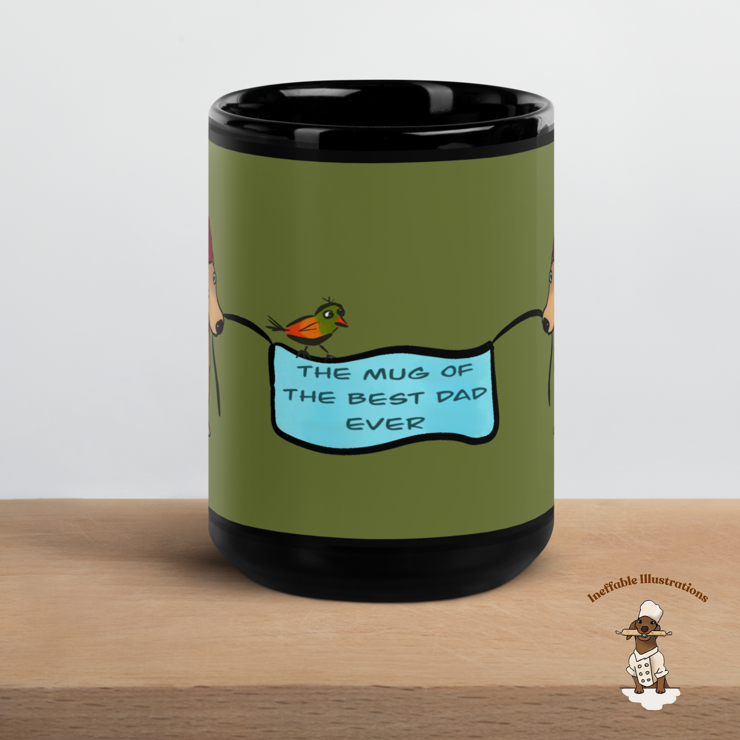 Black Glossy Dad Mug with Cute Hand Drawn Dachshunds Holding Sign - Best Dad Ever Coffee Cup Gift for Fathers Day - Ineffable Illustrations