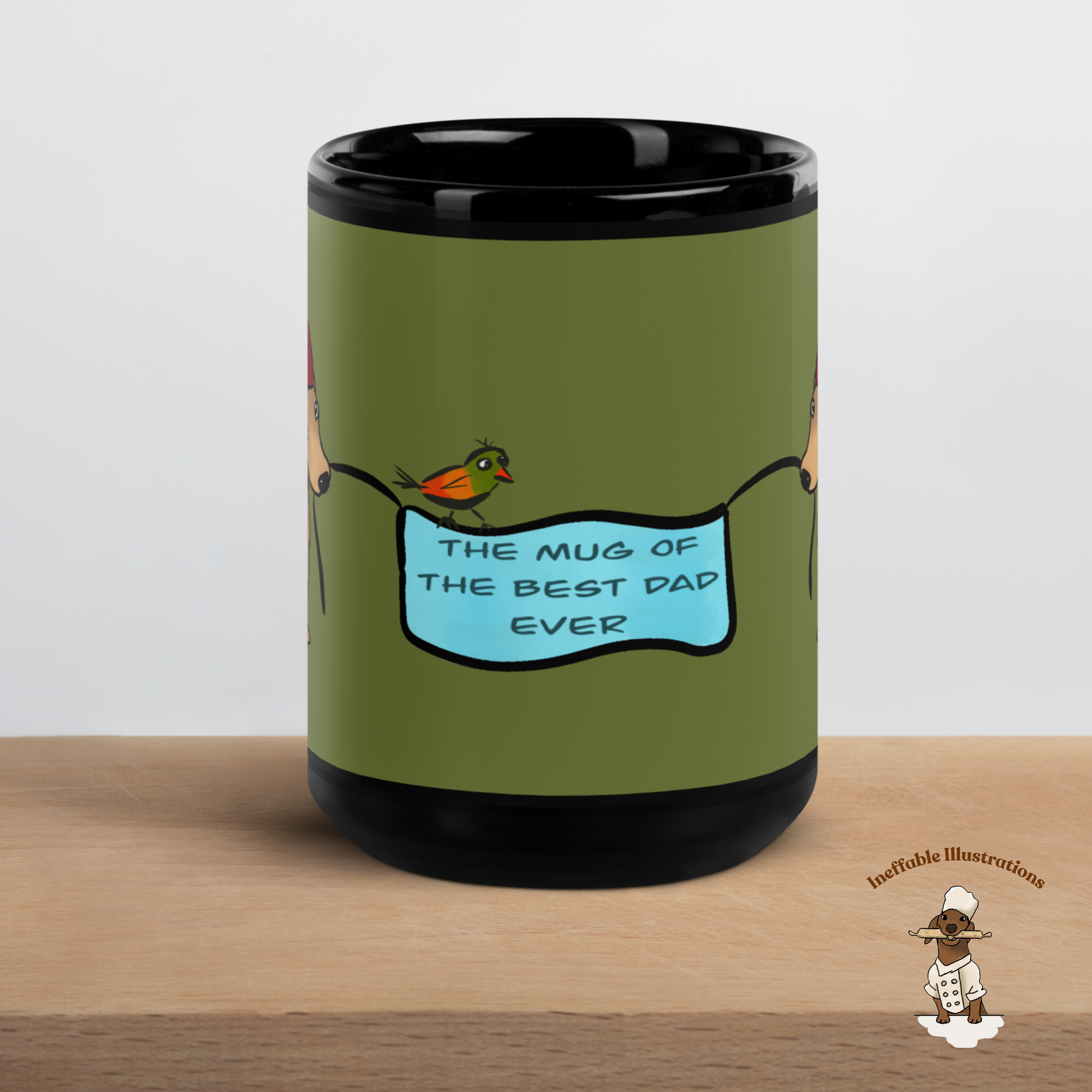 Black Glossy Dad Mug with Cute Hand Drawn Dachshunds Holding Sign - Best Dad Ever Coffee Cup Gift for Fathers Day - Ineffable Illustrations