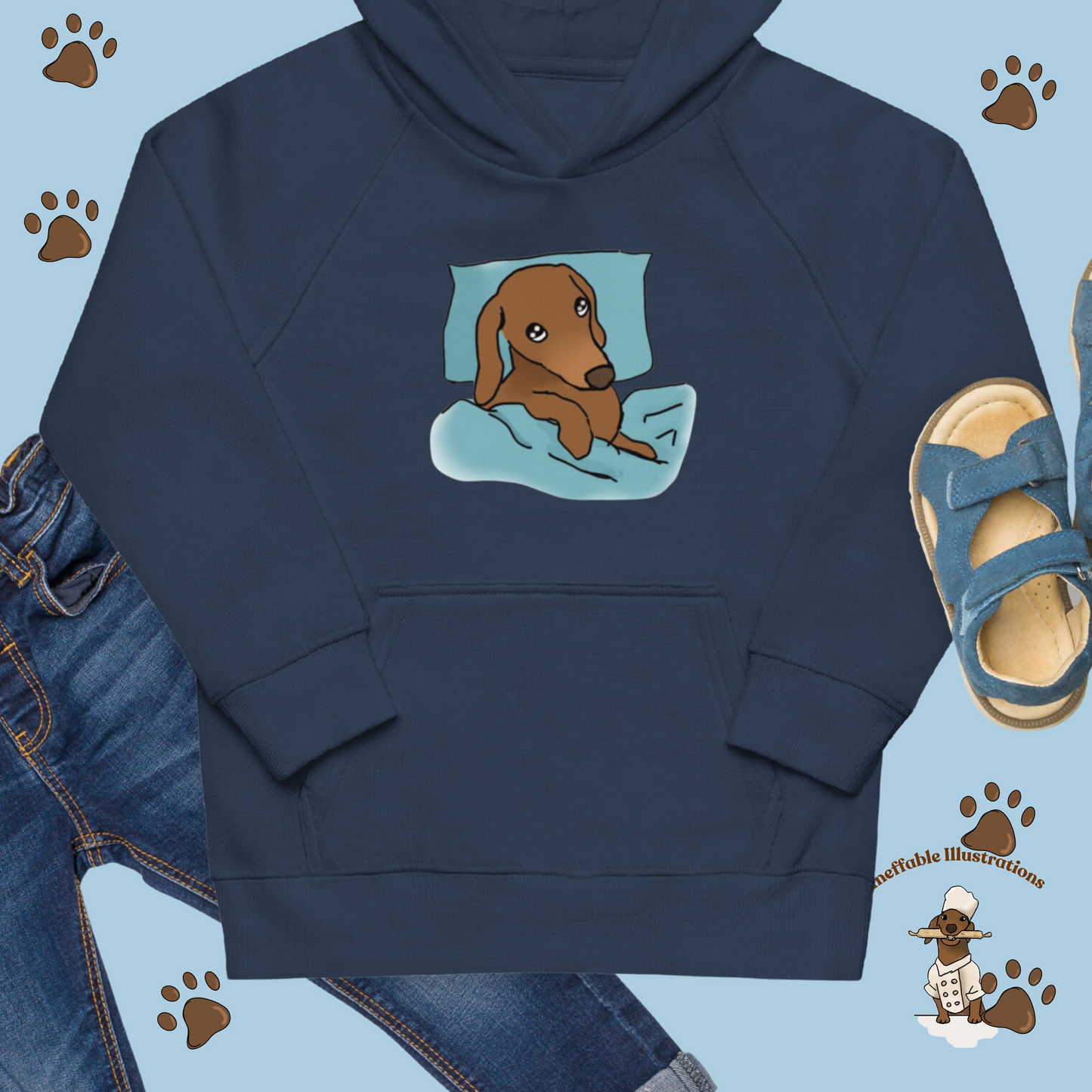 Kids Eco Hoodie with Sleepy Dachshund Oliver Illustration, Hand Illustrated, Cute Eco-Friendly Sweatshirt, Perfect Gift for Children