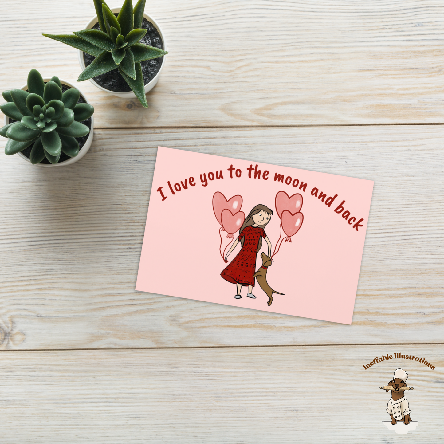 St. Valentin Greeting Card with Cute Dachshund & Girl - I Love You to the Moon and Back, Dog Lover Gift