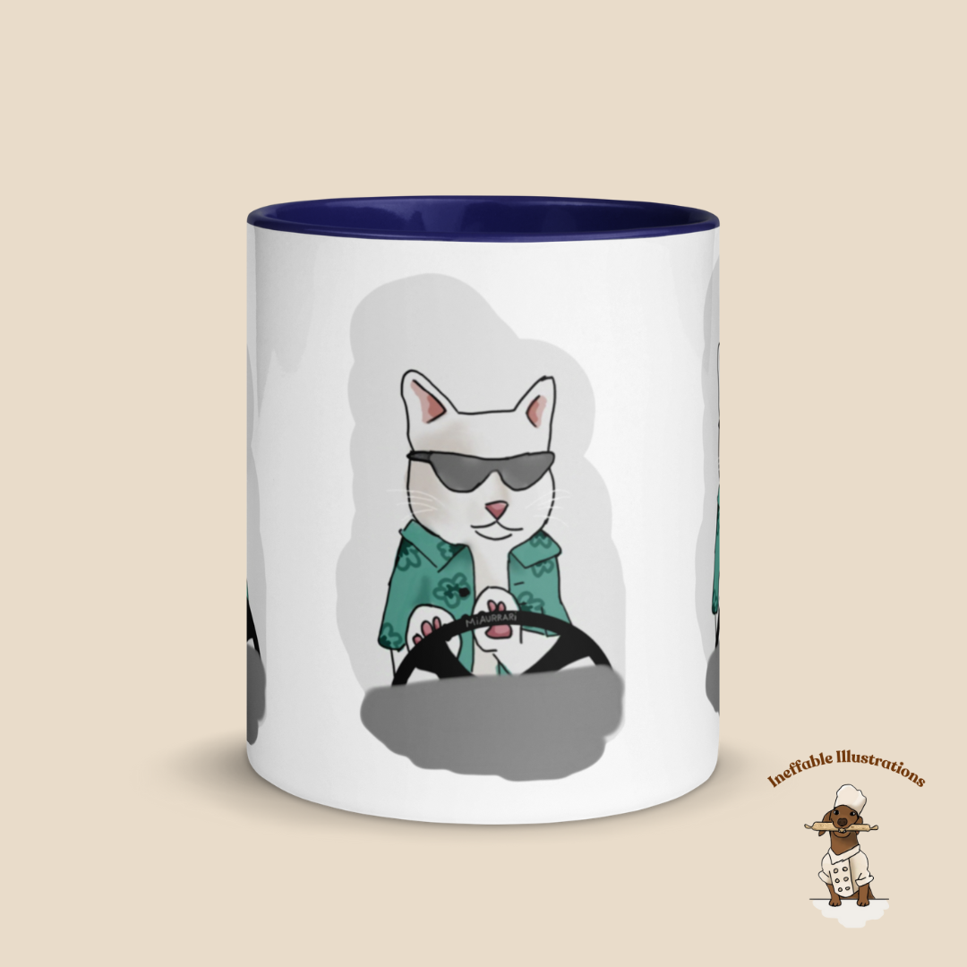 Mug "Ralph driving his luxury car Miaurrari". Cat Driving Car Mug | Funny Illustrated Coffee Cup with Color Inside | Hand-Drawn Design for Cat Lovers | Unique Gift Idea