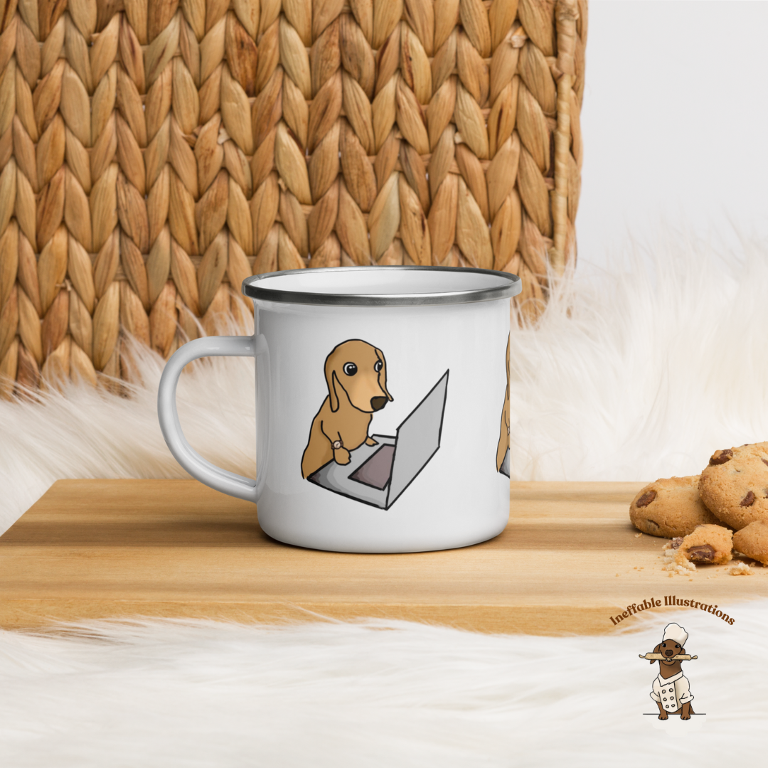 Mug. Enamal Mug "Oliver working on Computer". Cute sausage dog Enamel Mug. Dachshund lover gift