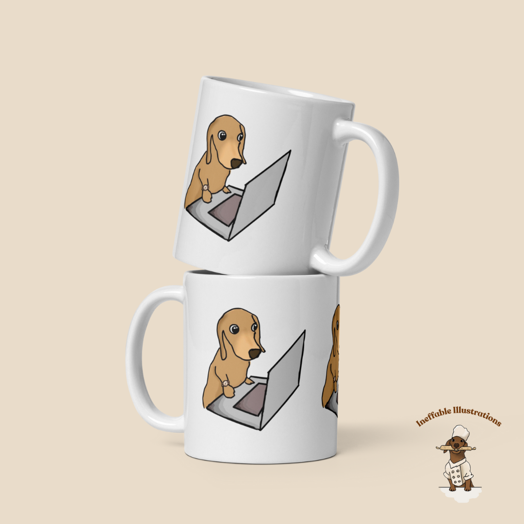 Mug "Dachshund Oliver working on computer". Cute sausage dog mug. White glossy mug.