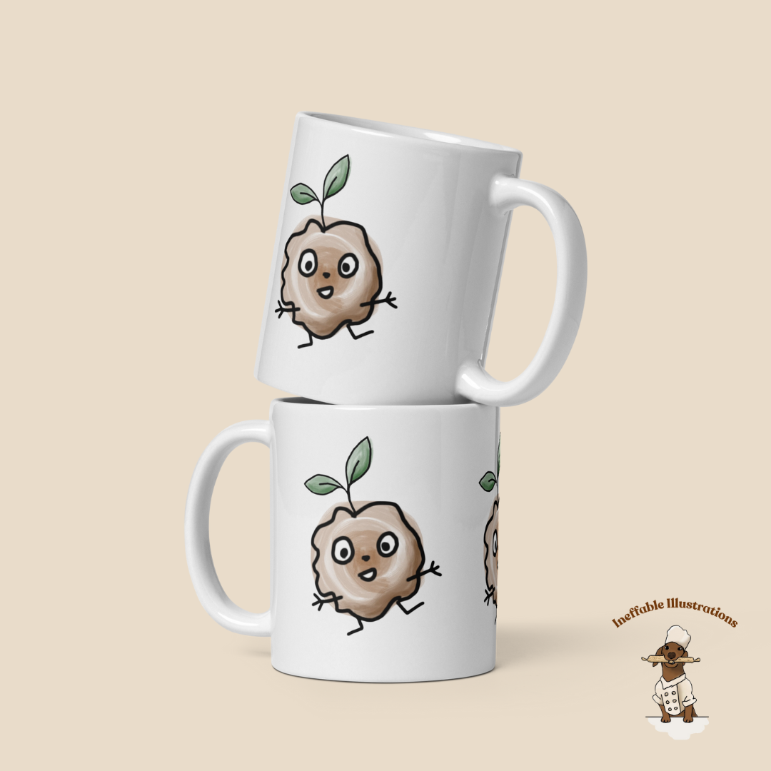 Mug "Eath peace Rocco with his brocoli sprout on the head". White glossy mug with cute hand painted sprout