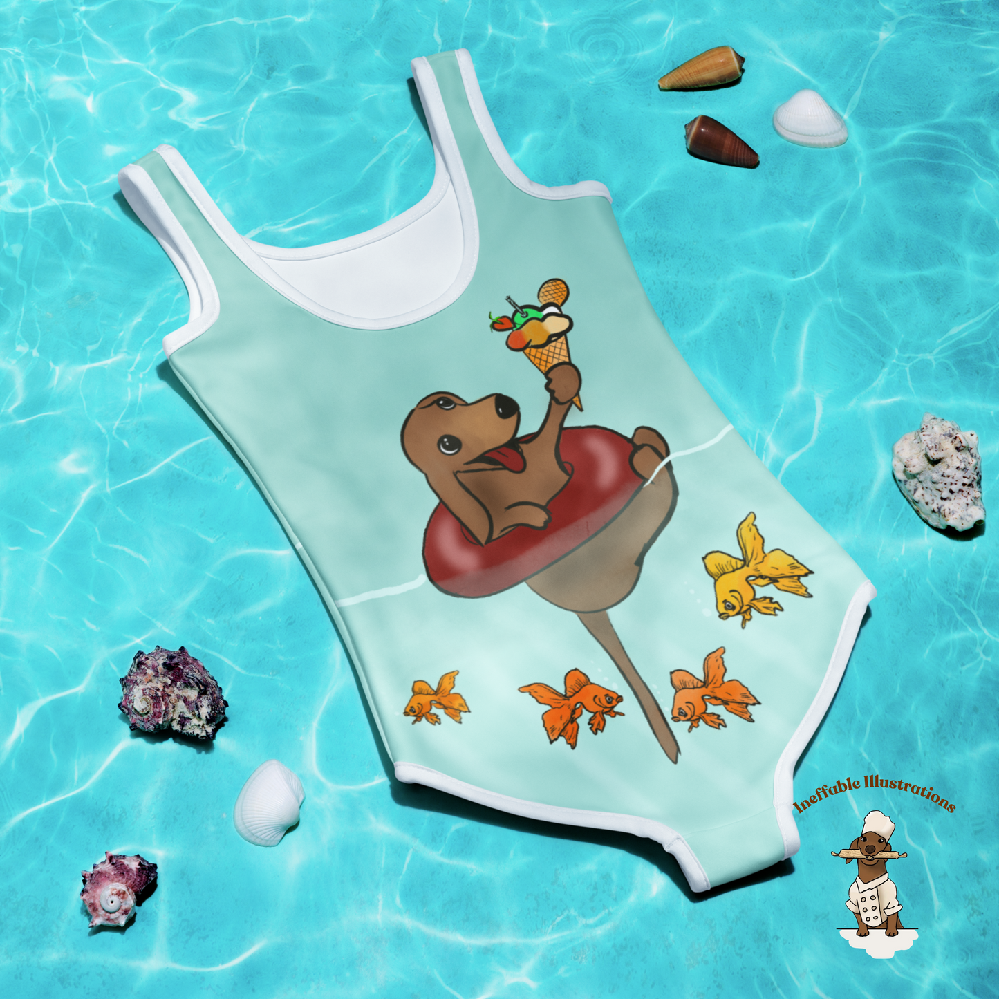 Kids Swimsuit Cute Dachshund Oliver Floating in Sea with Ice Cream & Small Fishes Underwater Beachwear - Ineffable Illustrations