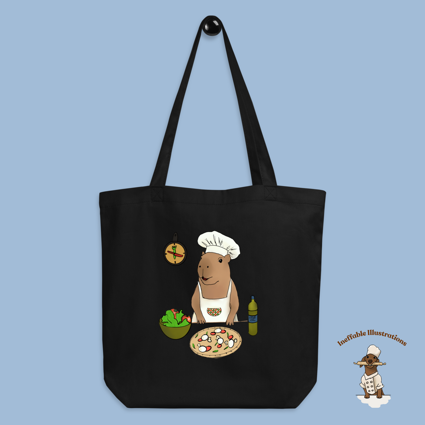 Eco Tote Bag with Cute Hand Drawn Capybara Jolly Chef Making Pizza & Salad, Reusable Shopping Bag, Eco-Friendly Gift Idea