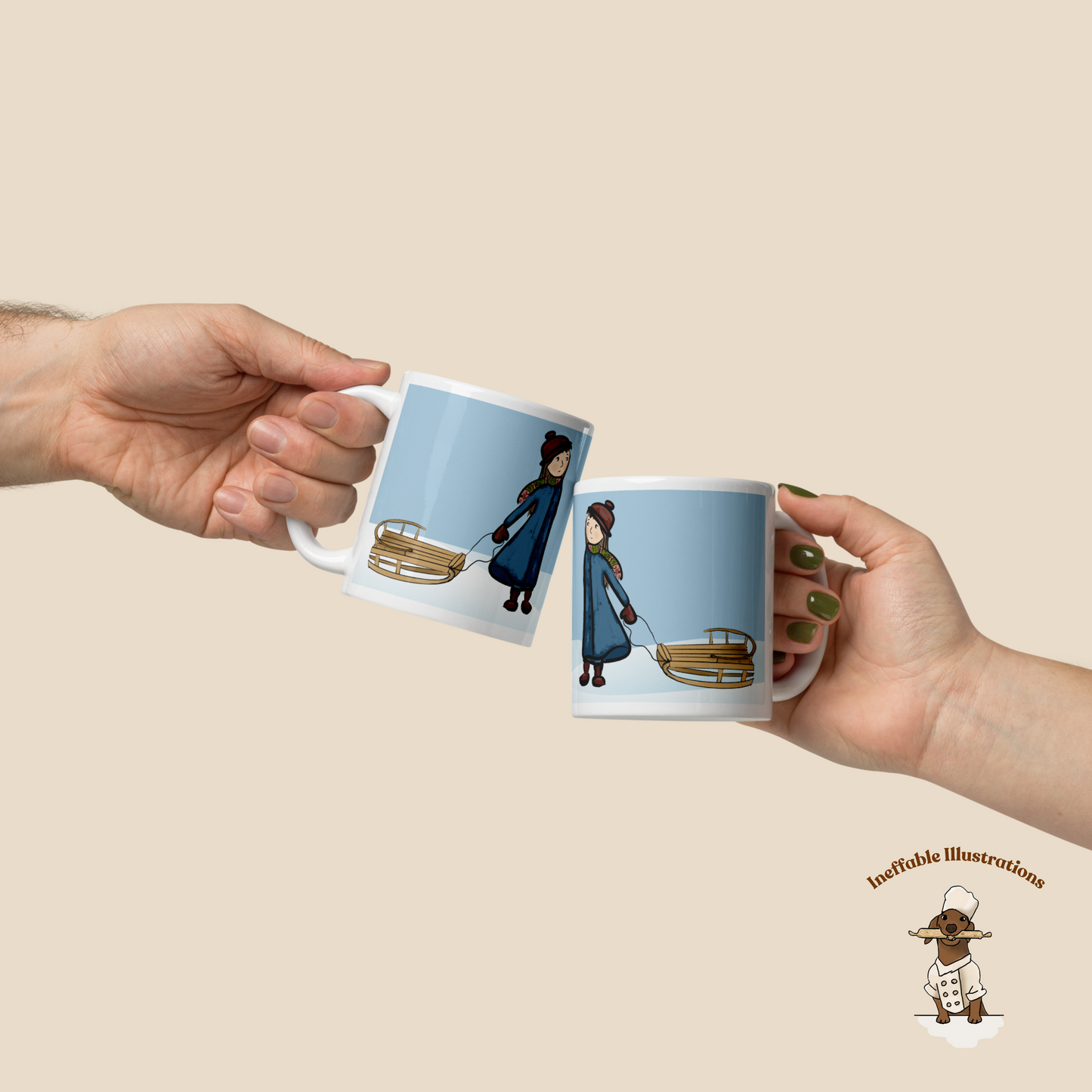 White Glossy Mug with Cute Little Girl Molly & Sleigh on Snow – Hand Drawn Winter Coffee Mup Gift