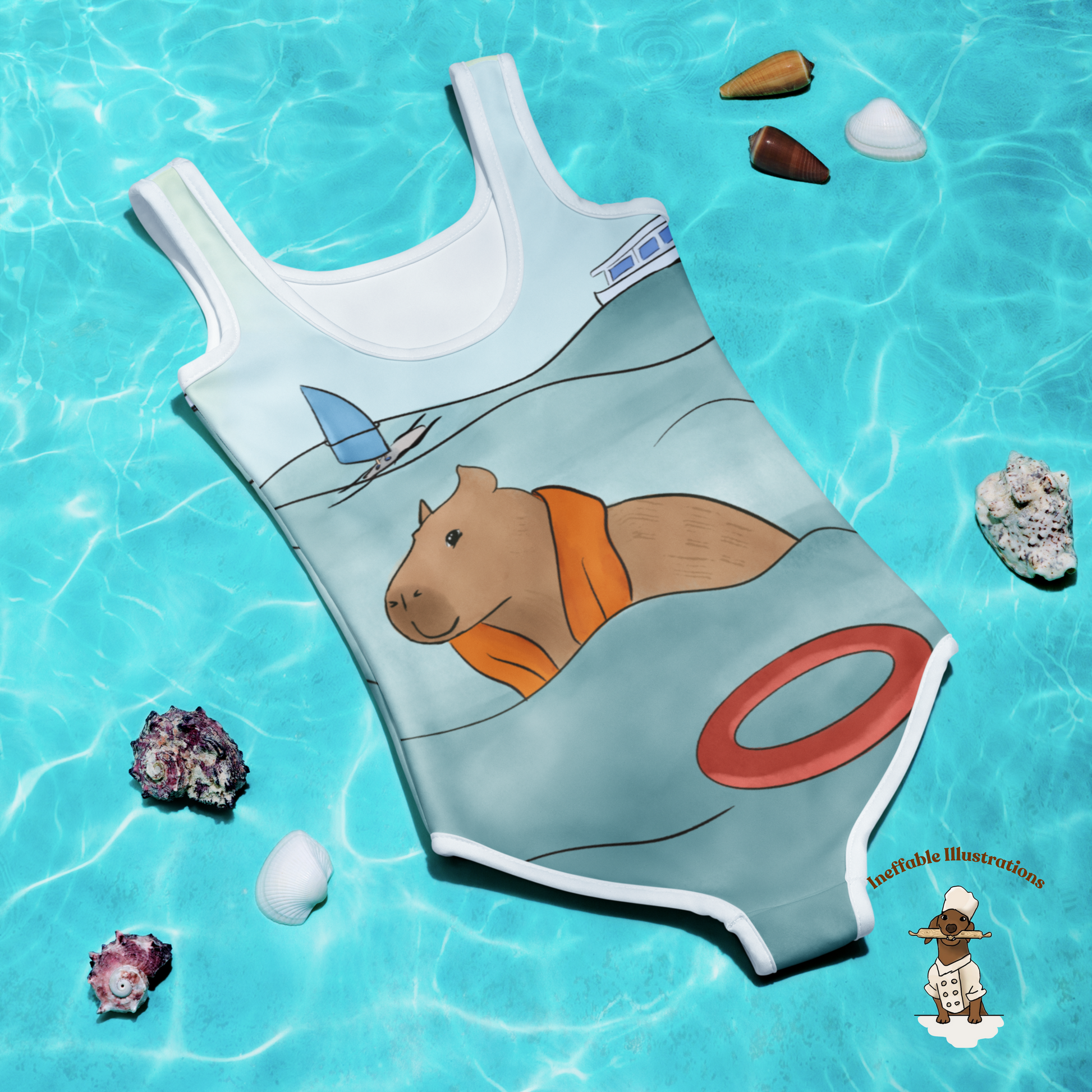 Kids Swimsuit with Cute Hand Drawn Capybara Jolly Enjoying Summer In The Sea Design, Toddler Bathing Suit, Beachwear for Girls - Ineffable Illustrations