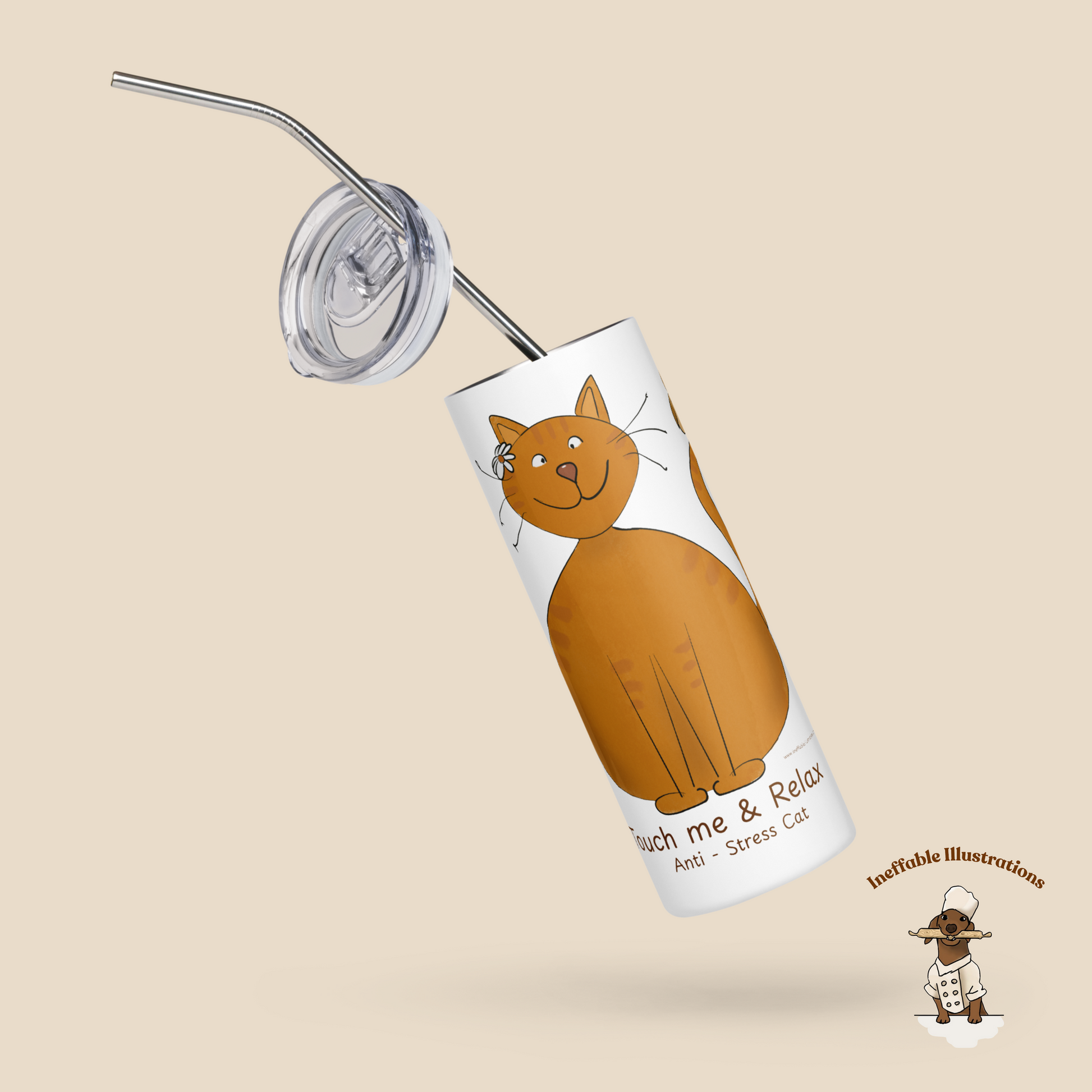 Funny Ginger Cat Stainless Steel Tumbler – Hand-Drawn Anti-Stress Cat, Reusable Travel Tumbler with Metal Straw - Ineffable Illustrations