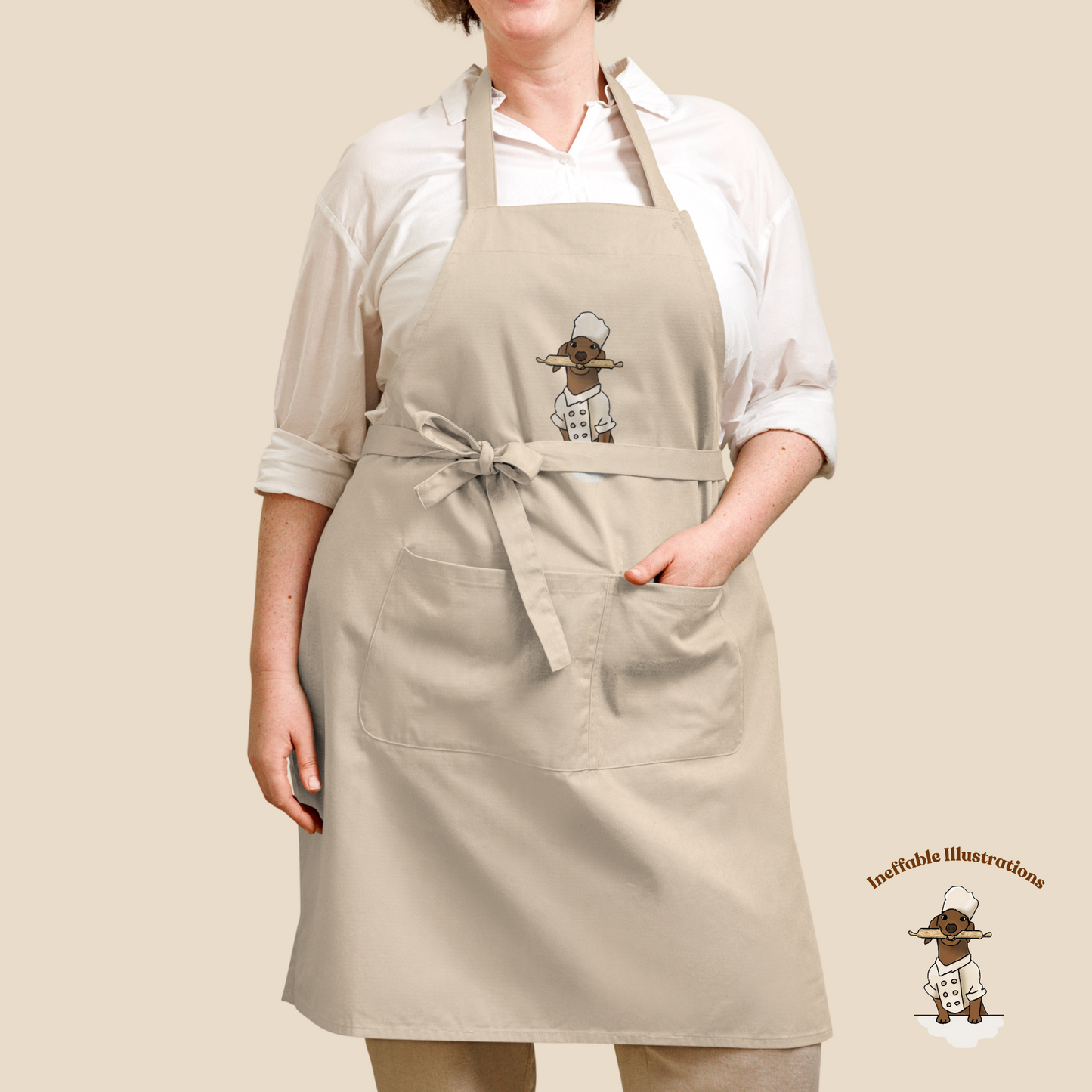 Organic cotton apron with the cute image of sausage dog chef