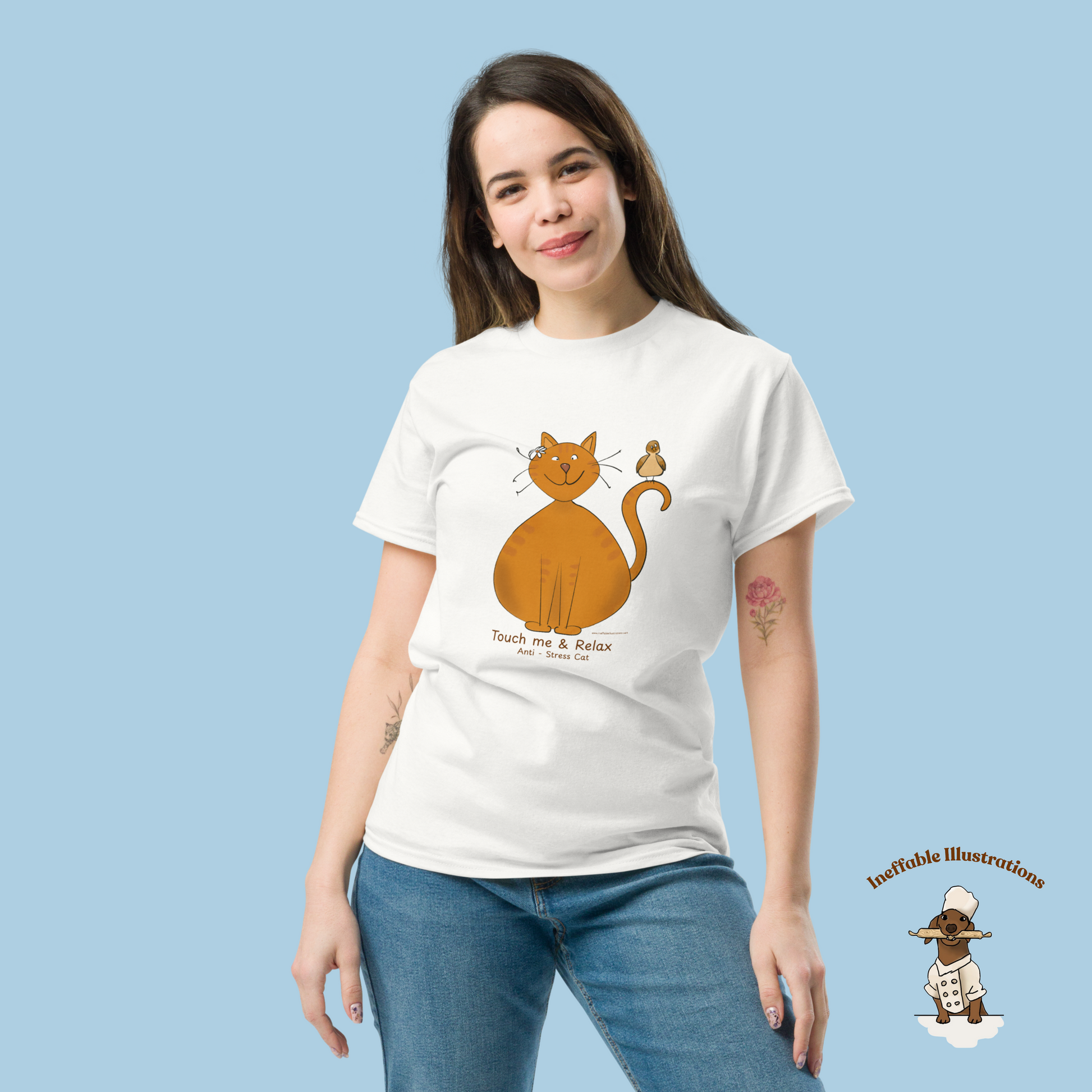Funny Ginger Cat T-Shirt – Hand-Drawn Anti-Stress Cat with Relaxed Bird & “Touch Me & Relax” | Unisex 100% Cotton Classic Tee, Trendy Streetwear - Ineffable Illustrations