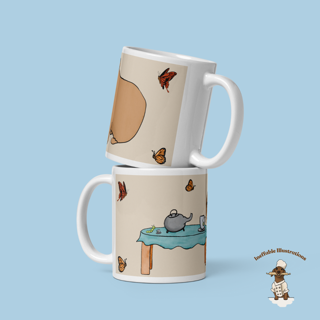 Capybara Mug - White Glossy Tea Cup with Jolly Capybara, Caterpillar & Butterflies, Cute Animal Coffee Mug, Gift for Animal Lovers