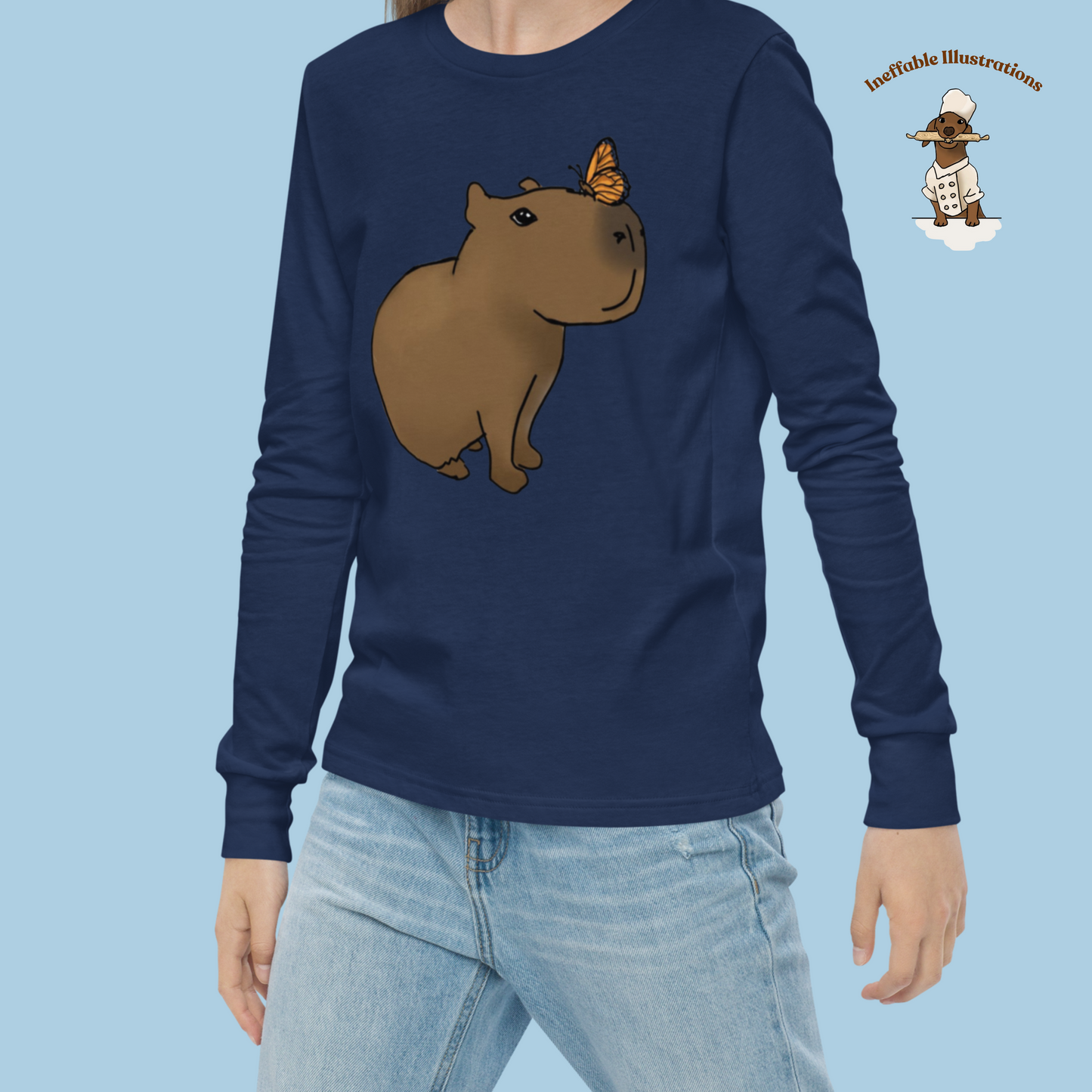 Kid Shirt. Cute Youth Long Sleeve Capybara Jolly Shirt, Handcrafted Design by Teen, Soft Airlume Cotton