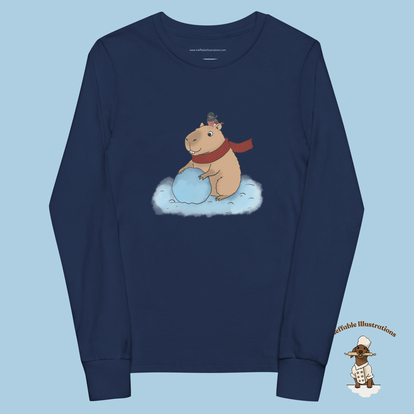 Jolly Capybara Christmas Youth Long Sleeve Tee - Festive Winter Snowman Design